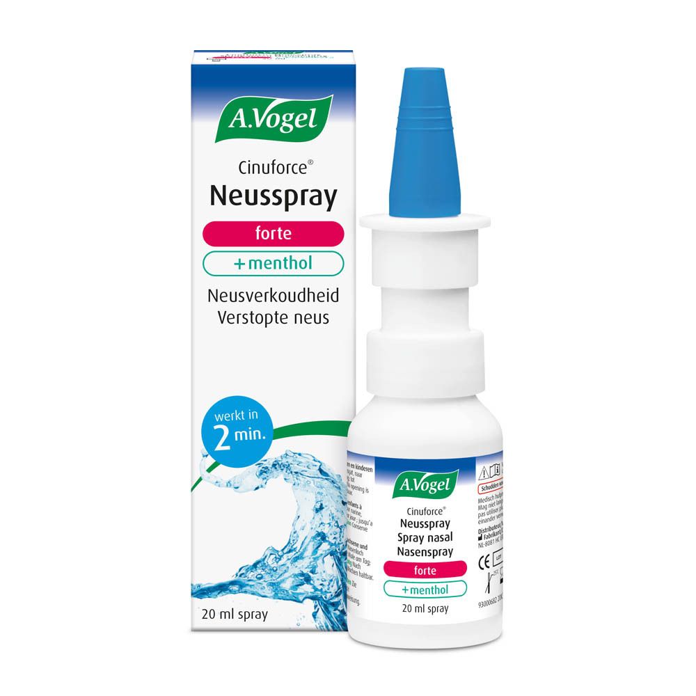 Neusspray en verpakking. Opschrift: A.Vogel, Cinuforce, Neusspray forte + menthol. Neusverkoudheid, Verstopte neus.