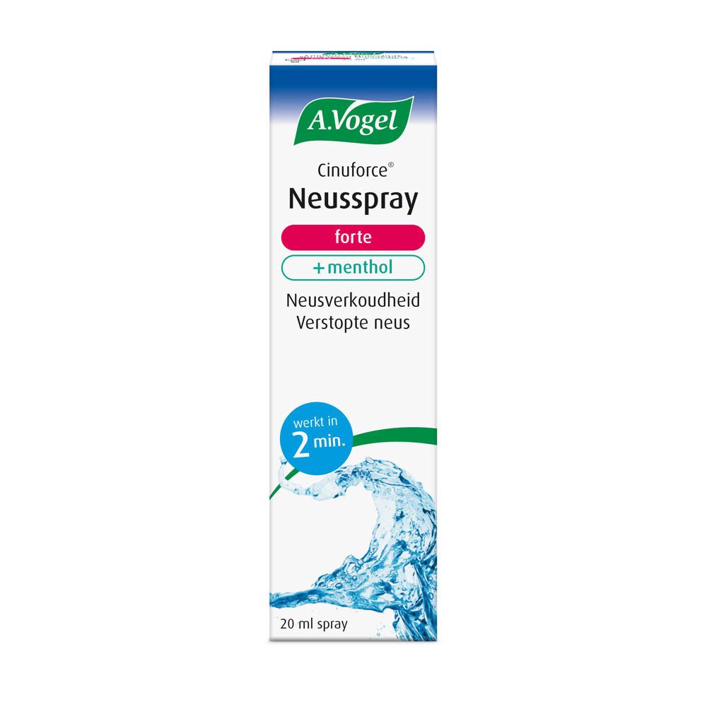 Verpakking met neusspray. Opschrift: A.Vogel, Cinuforce, Neusspray forte + menthol. Neusverkoudheid, Verstopte neus.