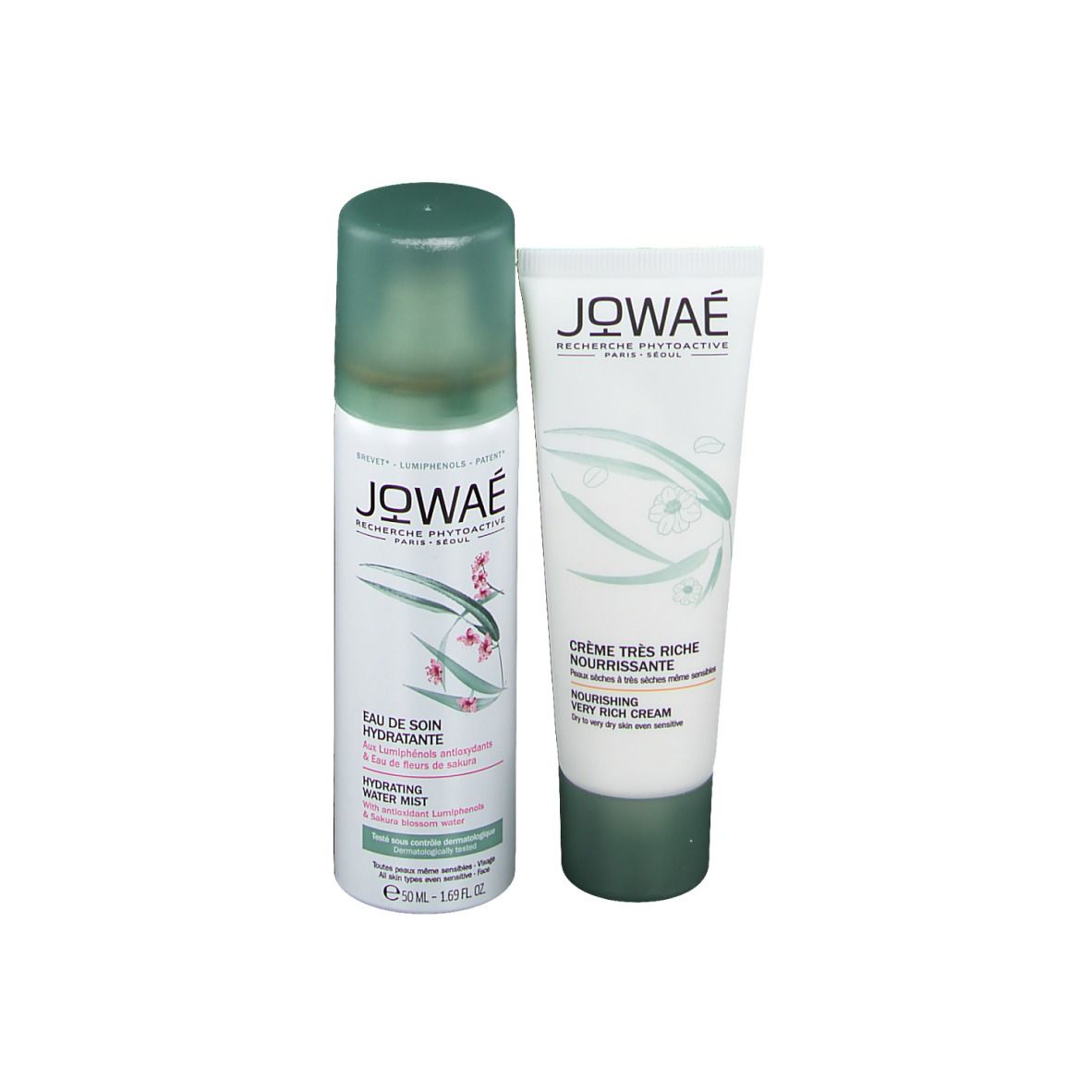 Deux produits : spray d'eau hydratant et crème riche. Les deux avec le logo JOWAÉ et les noms des produits. Emballage vert et blanc.