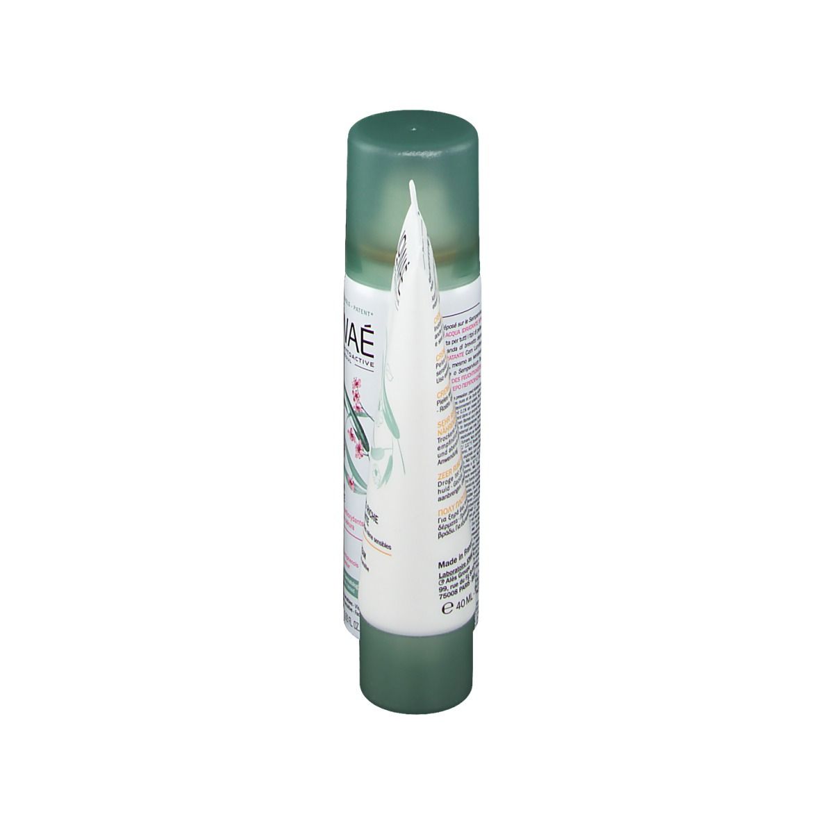 Vue latérale d'un tube de crème. Le logo JOWAÉ et les informations sur le produit sont visibles. Bouchon vert et tube blanc.