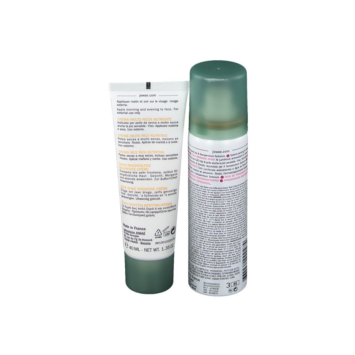 Deux produits : tube de crème et spray. Logo JOWAÉ et noms des produits. Texte : instructions d'utilisation. Emballage vert et blanc.