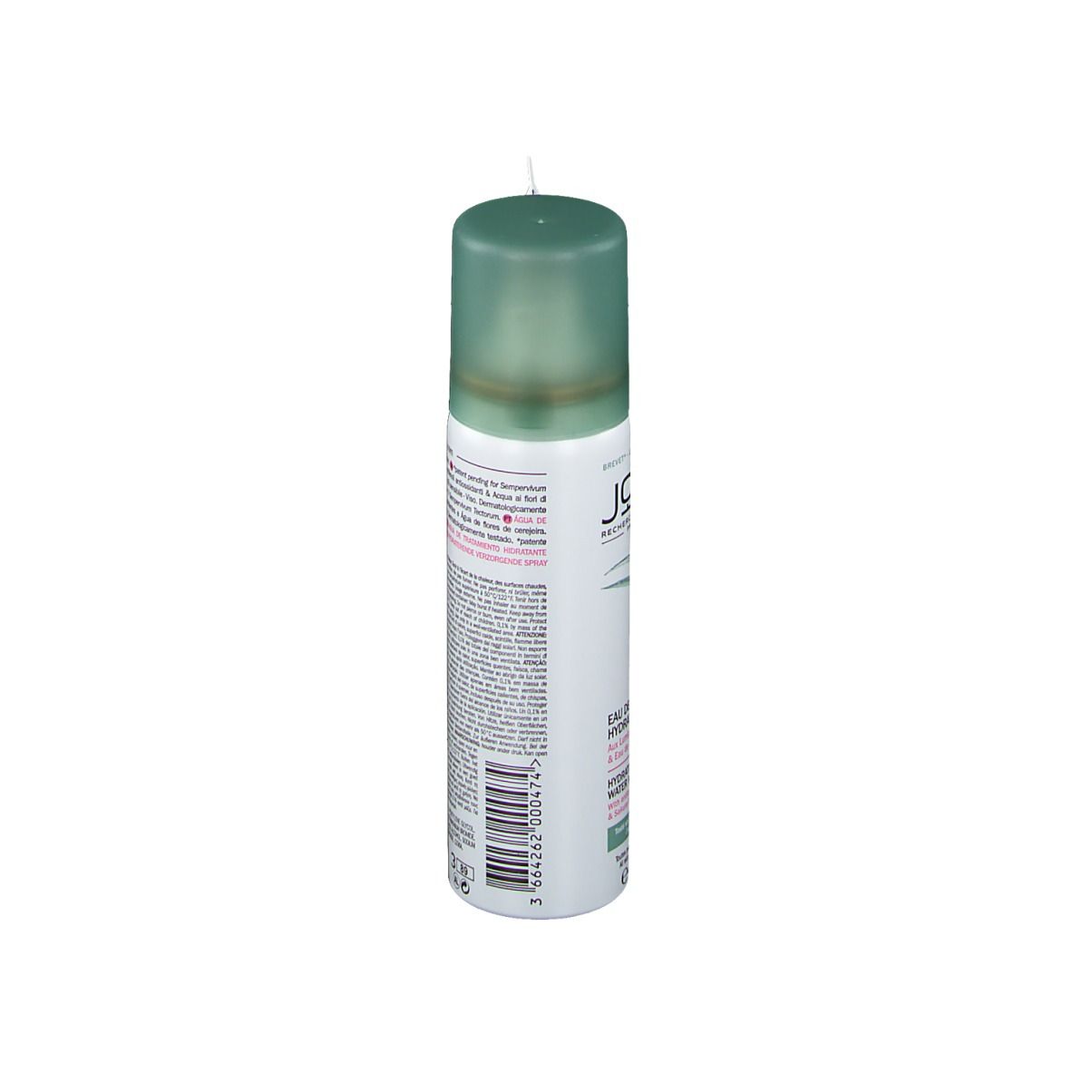 Vue latérale d'un spray. Logo JOWAÉ et noms des produits. Bouchon vert et emballage blanc. Texte : instructions d'utilisation.