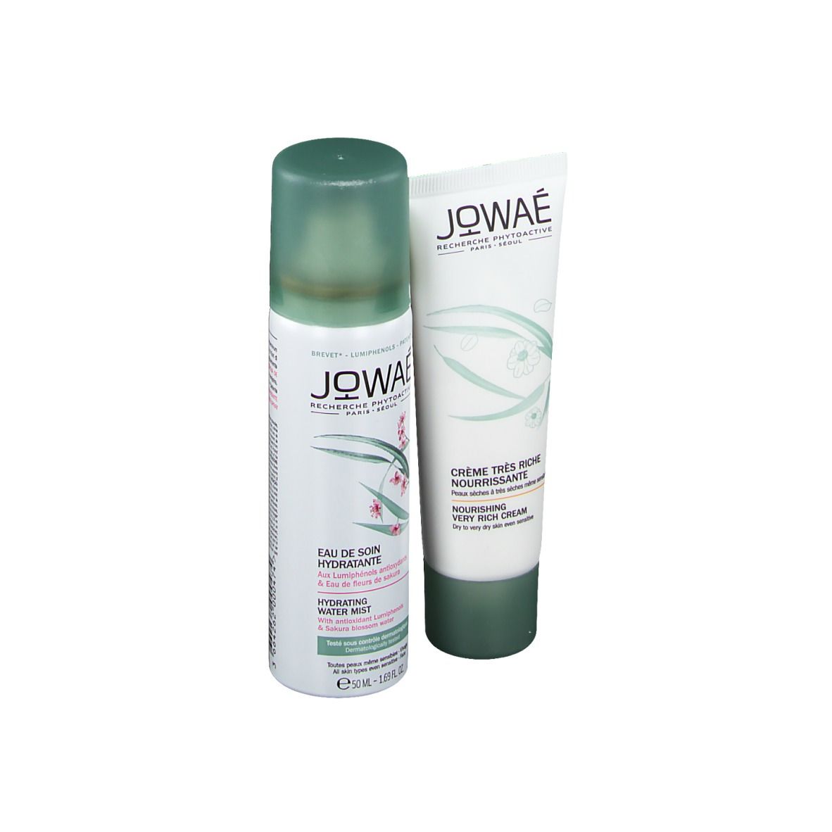 Deux produits : spray et crème. Logo JOWAÉ et noms des produits. Emballage vert et blanc. Produits côte à côte.