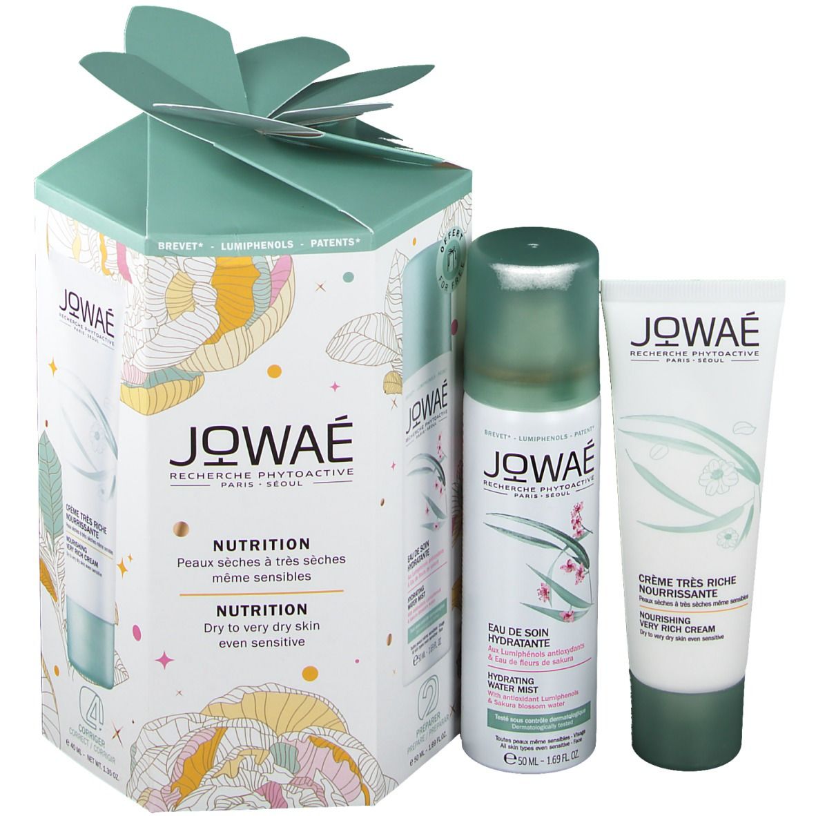 Coffret cadeau avec trois produits : spray, crème et coffret. Logo JOWAÉ et noms des produits. Emballage vert et blanc.