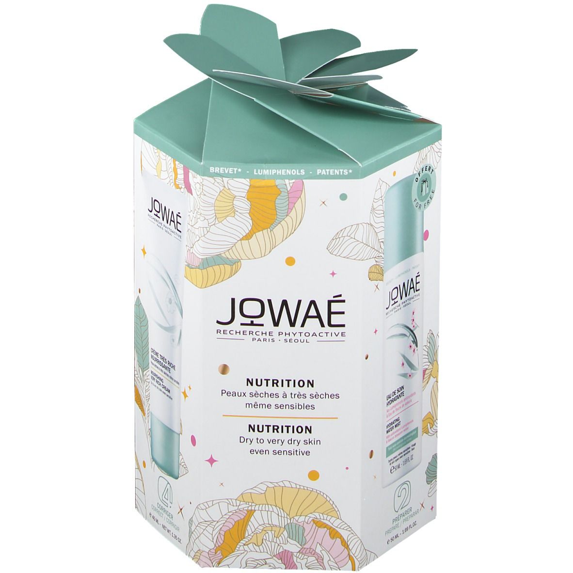 Coffret cadeau avec produits : spray, crème. Logo JOWAÉ et noms des produits. Emballage vert et blanc. Design floral.