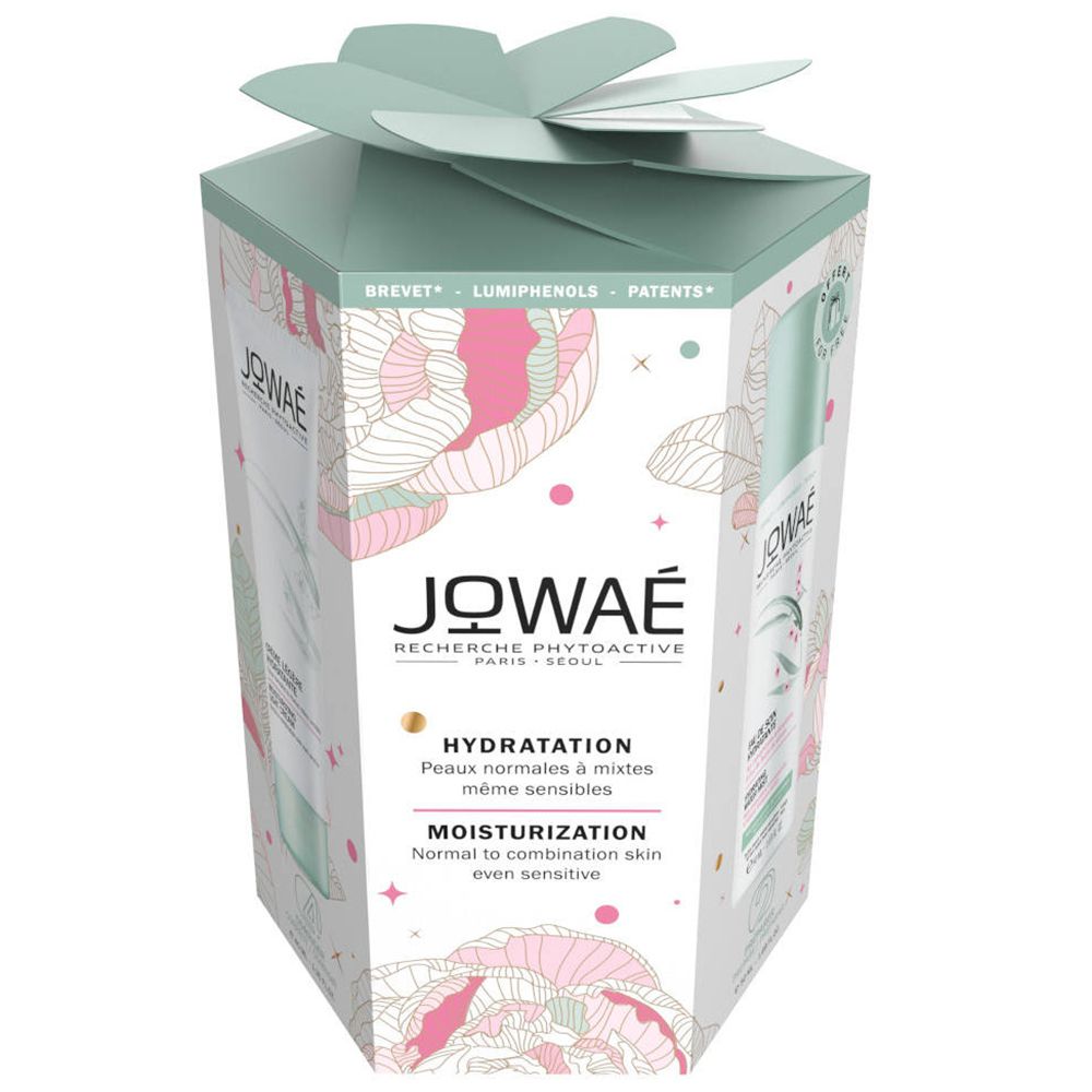 Coffret cadeau JOWAÉ hexagonal, décor floral, couvercle en forme de fleur. Contient des informations sur le produit.