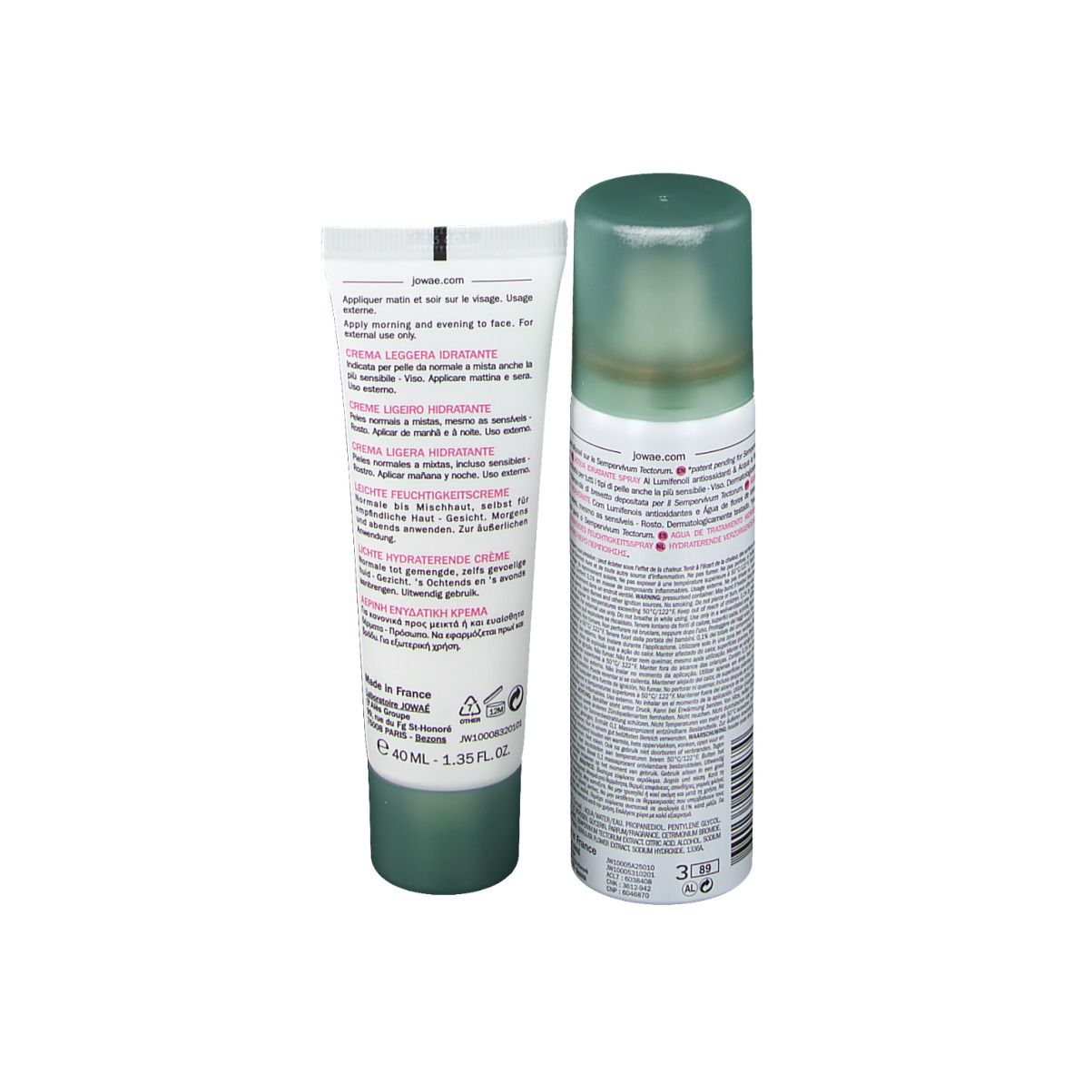 Dos du tube et flacon spray. Texte et informations sur le produit. Logo JOWAÉ visible.