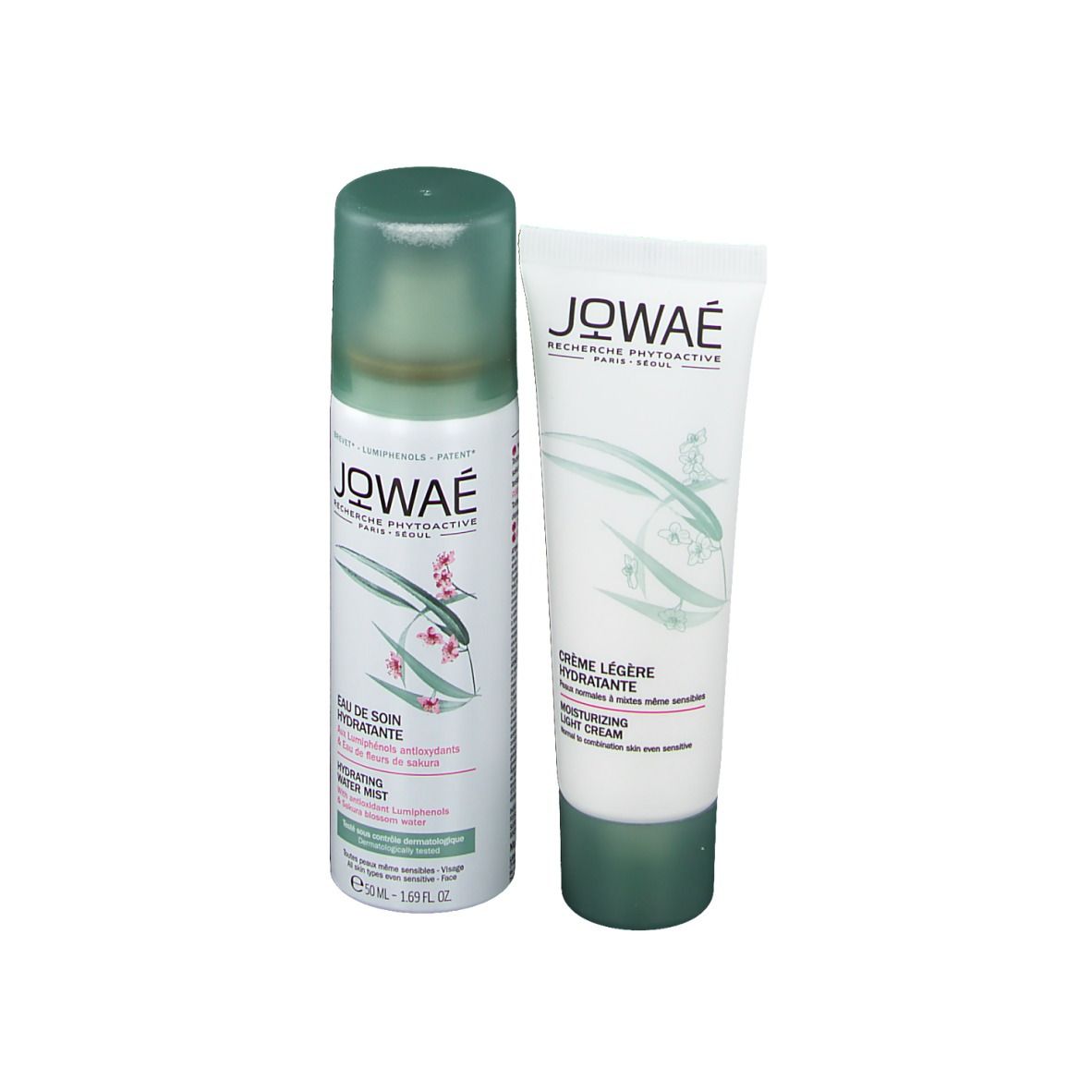 Deux produits : flacon spray et tube. Logo JOWAÉ et noms de produits visibles. Bouchons verts.