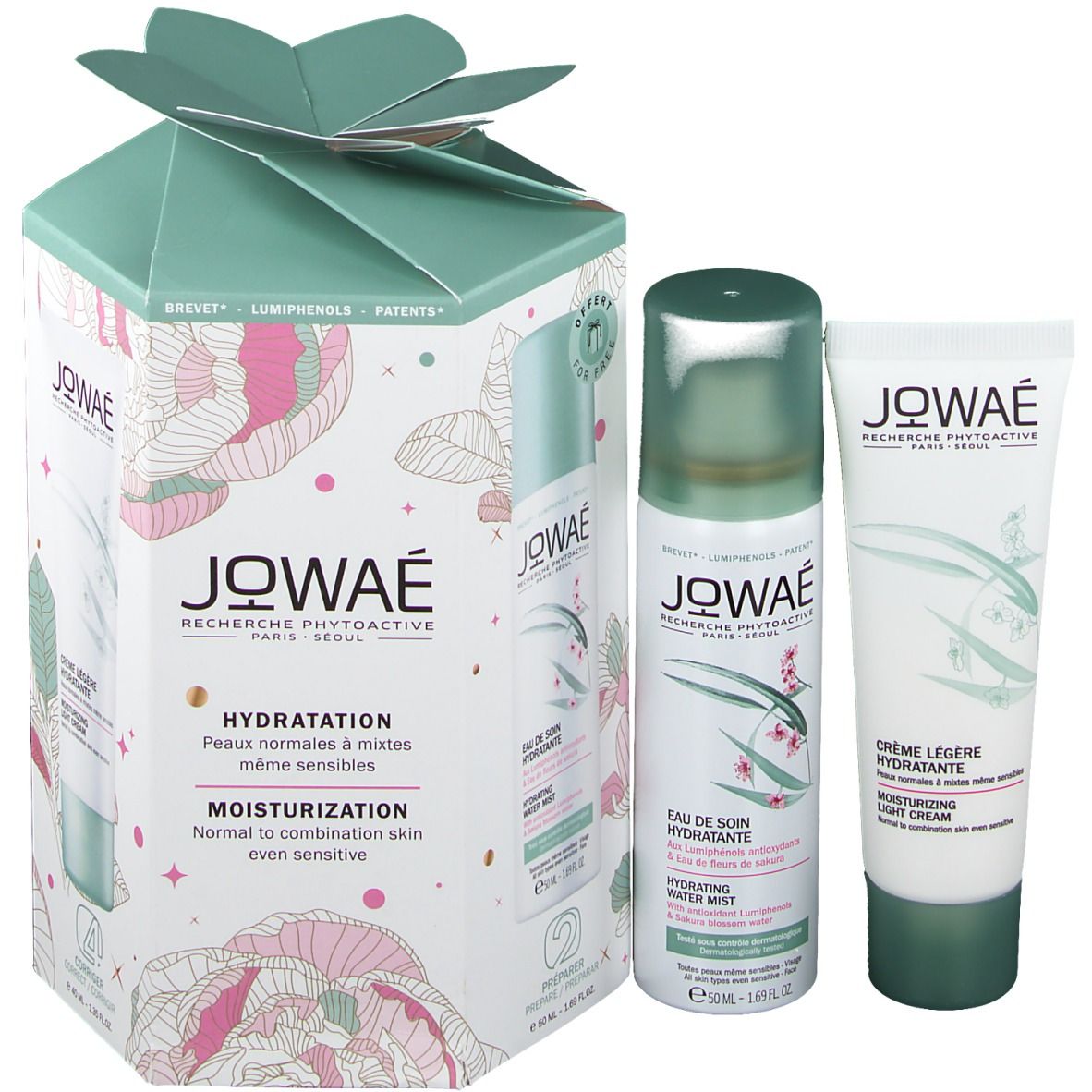 Coffret cadeau avec trois produits : flacon spray, tube et coffret. Logo JOWAÉ visible.