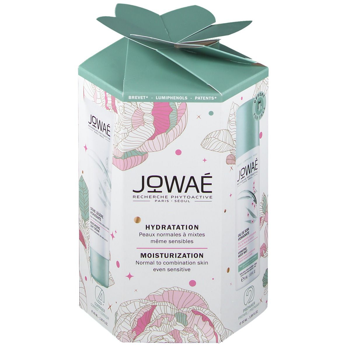 Coffret cadeau JOWAÉ hexagonal, informations produit. Couvercle en forme de fleur.