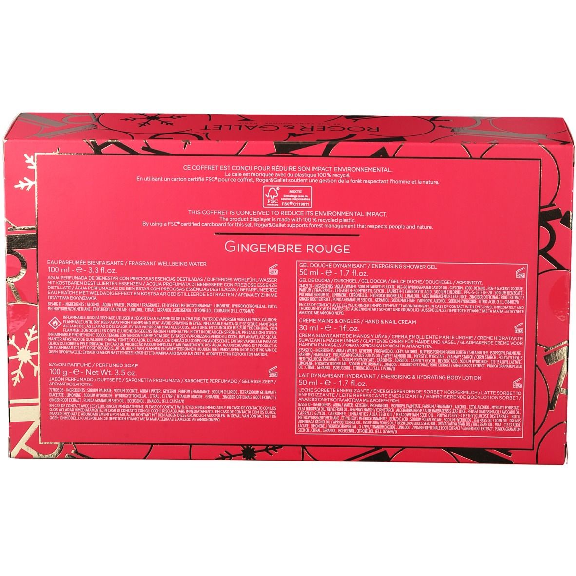 Dos du coffret cadeau avec texte. Contient des informations sur les ingrédients et le fabricant. Logo FSC.