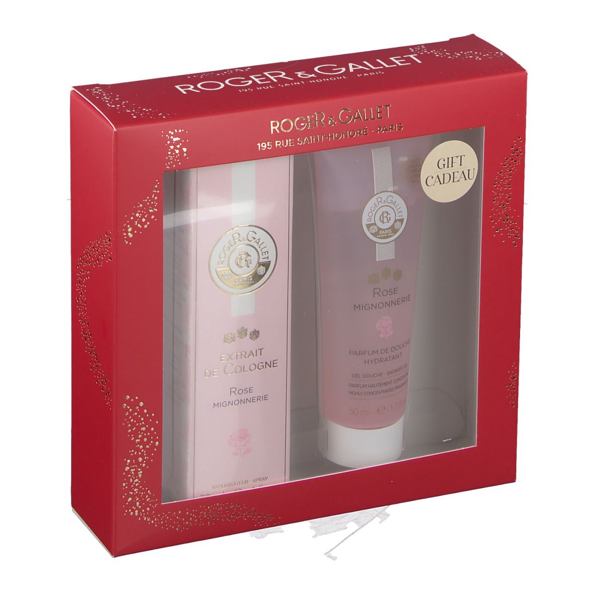 Geschenkset in roter Schachtel mit Sichtfenster. Enthält Extrait de Cologne und Duschgel. Marke: Roger & Gallet.