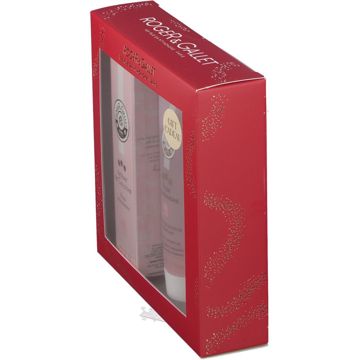 Rote Geschenkbox mit Sichtfenster. Enthält Extrait de Cologne und Duschgel. Marke: Roger & Gallet. Geschenk-Etikett.