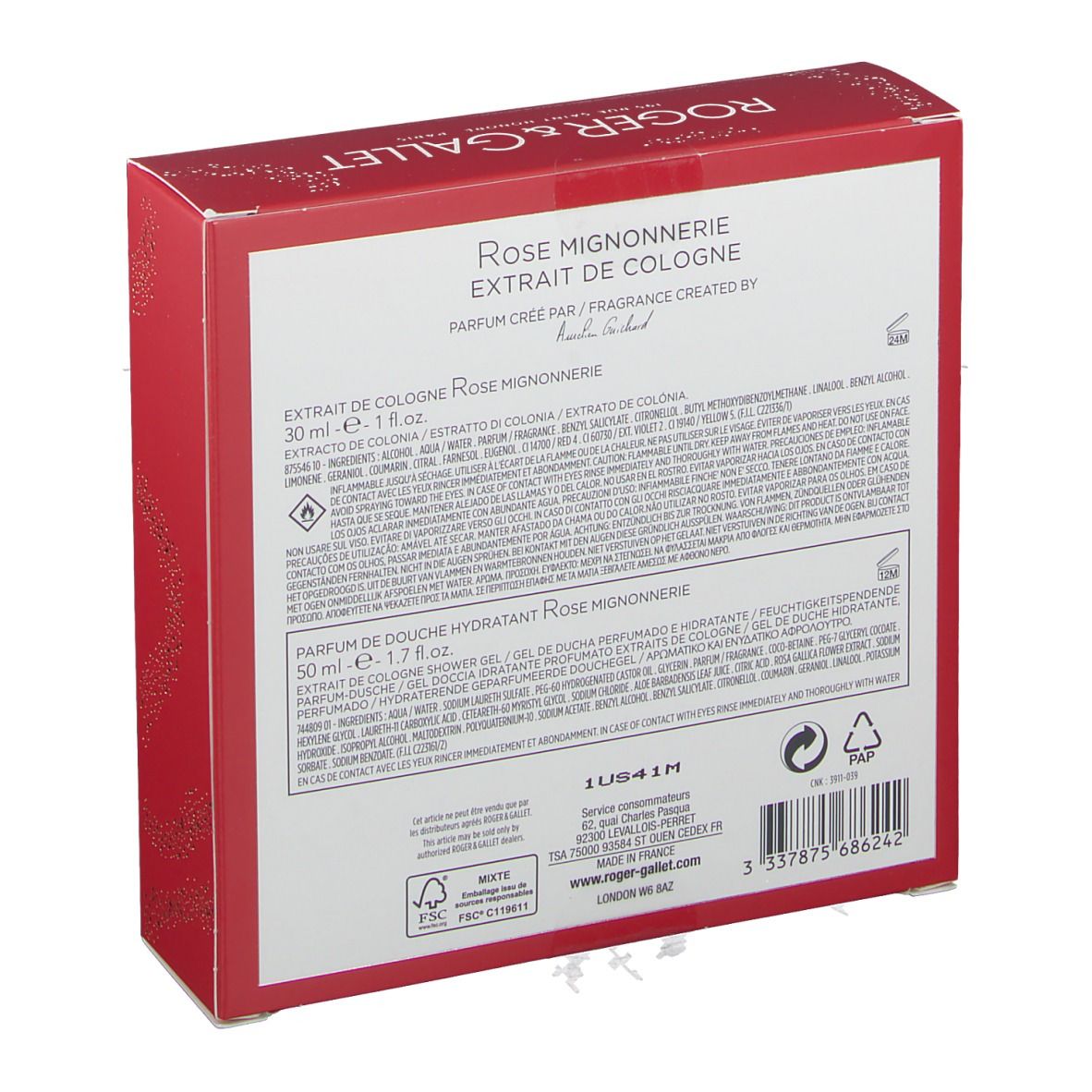 Rückseite der Geschenkbox. Enthält Produktinformationen, Inhaltsstoffe und Herstelleradresse. Marke: Roger & Gallet.
