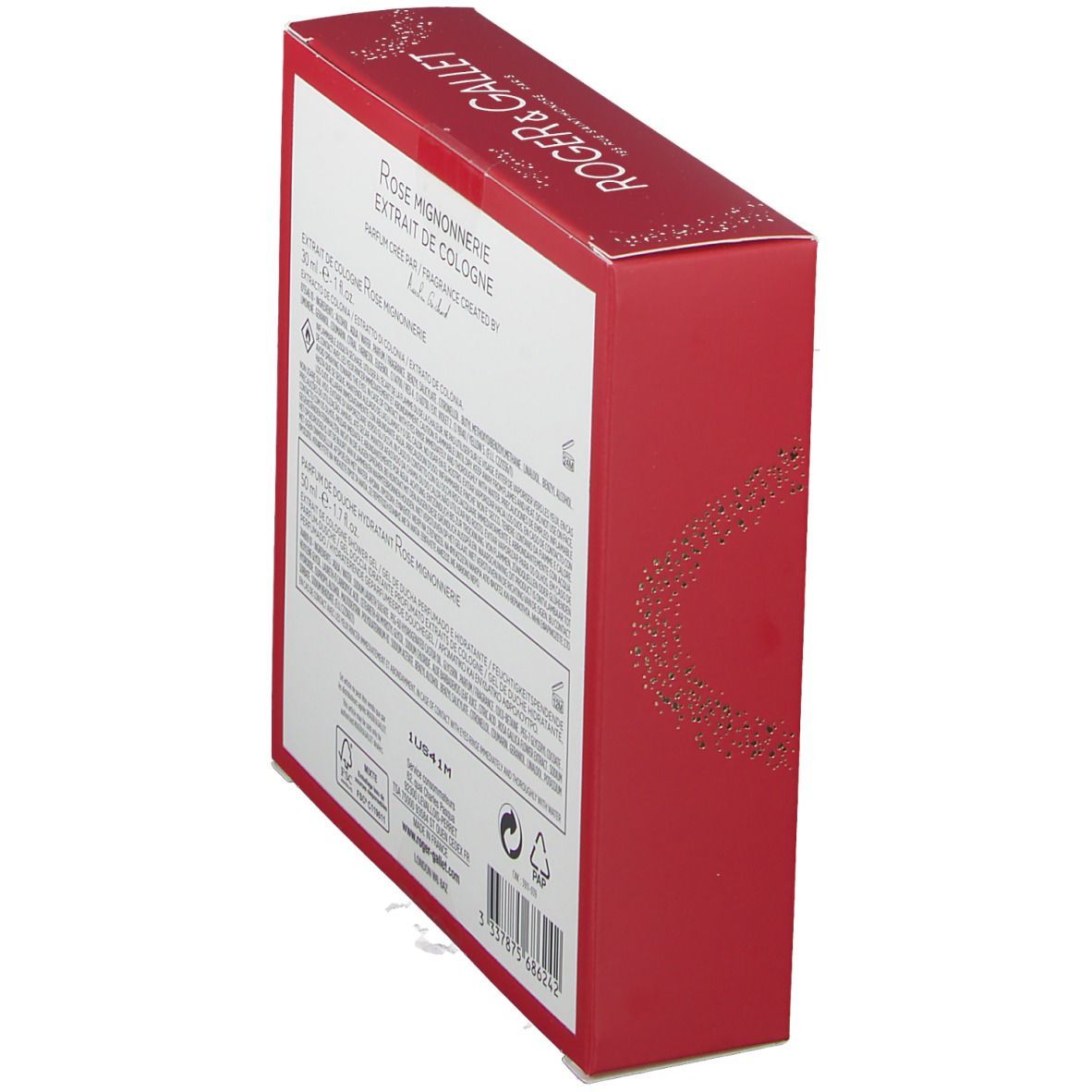 Schräge Ansicht der Geschenkbox. Rote Verpackung mit Produktinformationen. Marke: Roger & Gallet.