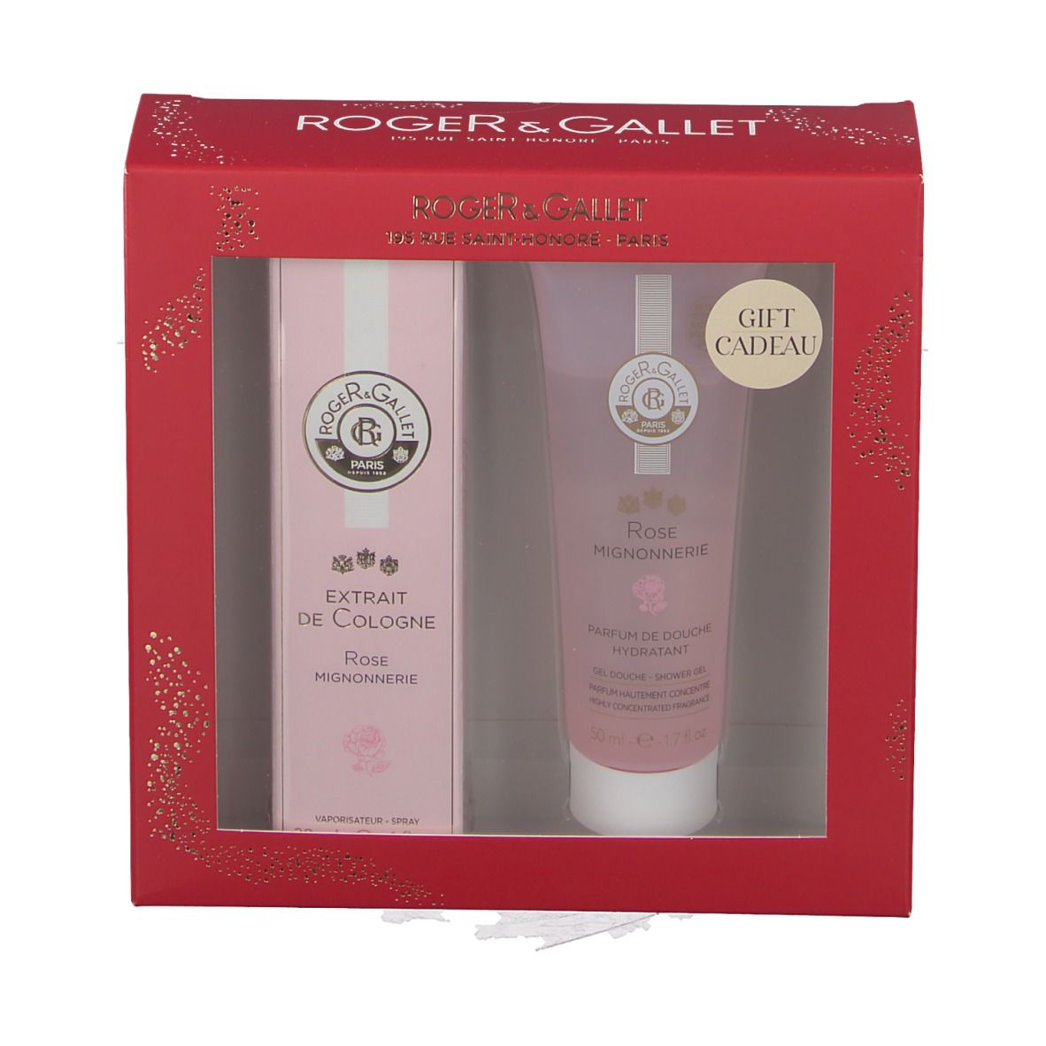 Geschenkset in roter Schachtel mit Sichtfenster. Enthält Extrait de Cologne und Duschgel. Marke: Roger & Gallet.