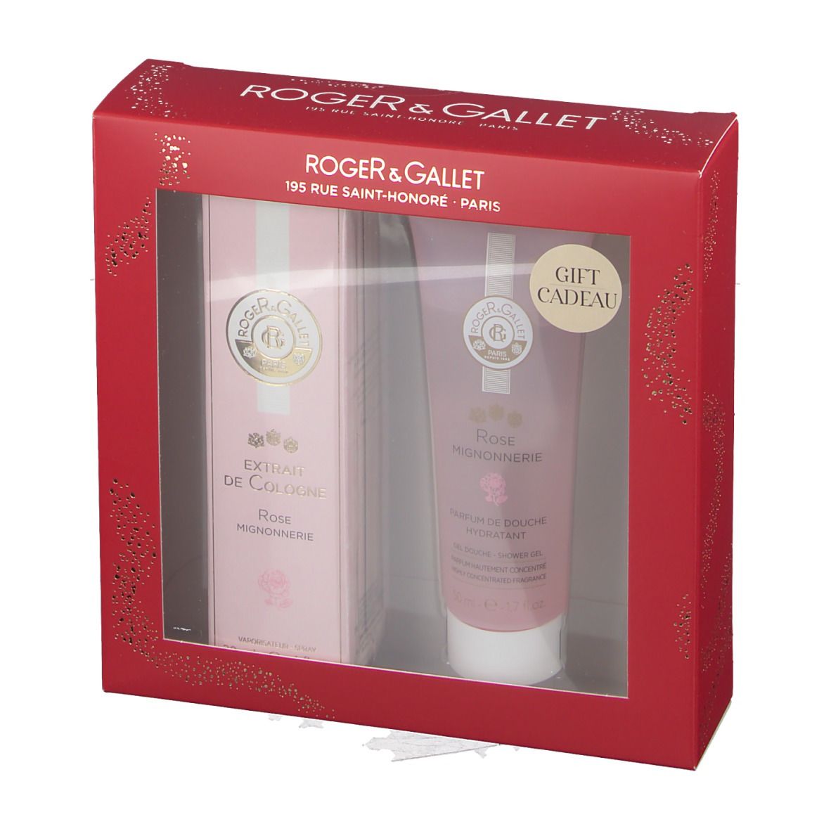Geschenkset in roter Schachtel mit Sichtfenster. Enthält Extrait de Cologne und Duschgel. Marke: Roger & Gallet.