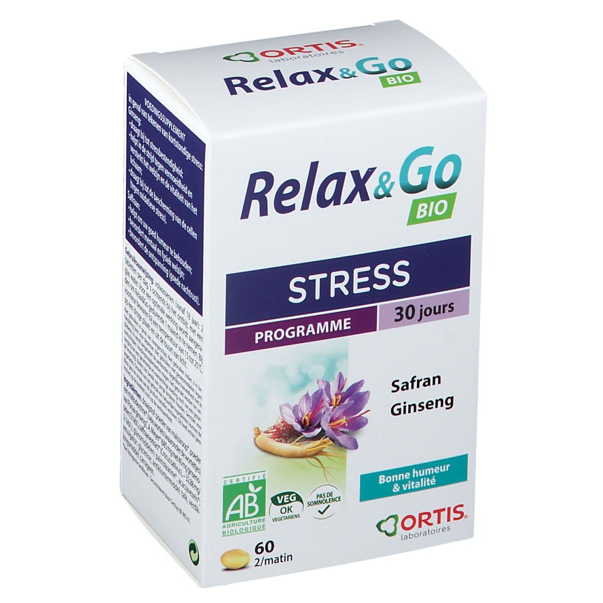 Witte doos met "Relax & Go BIO" logo. Tekst: "STRESS PROGRAMME 30 dagen". Illustratie saffraan en ginseng. 60 tabletten.