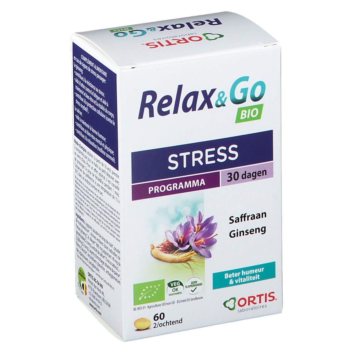 Witte doos met "Relax & Go BIO" logo. Tekst: "STRESS PROGRAMMA 30 dagen". Illustratie saffraan en ginseng. 60 tabletten.