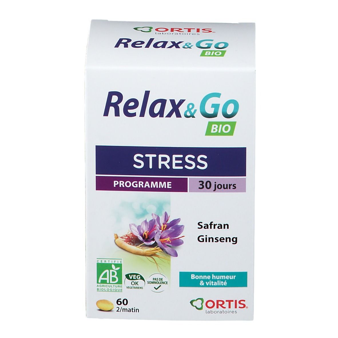 Witte doos met "Relax & Go BIO" logo. Tekst: "STRESS PROGRAMME 30 jours". Illustratie saffraan en ginseng. 60 tabletten.