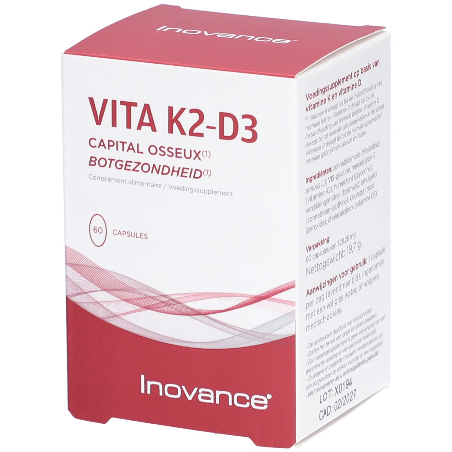 Boîte Inovance Vita K2-D3, 60 capsules. Boîte rouge et blanche avec informations produit et marque.