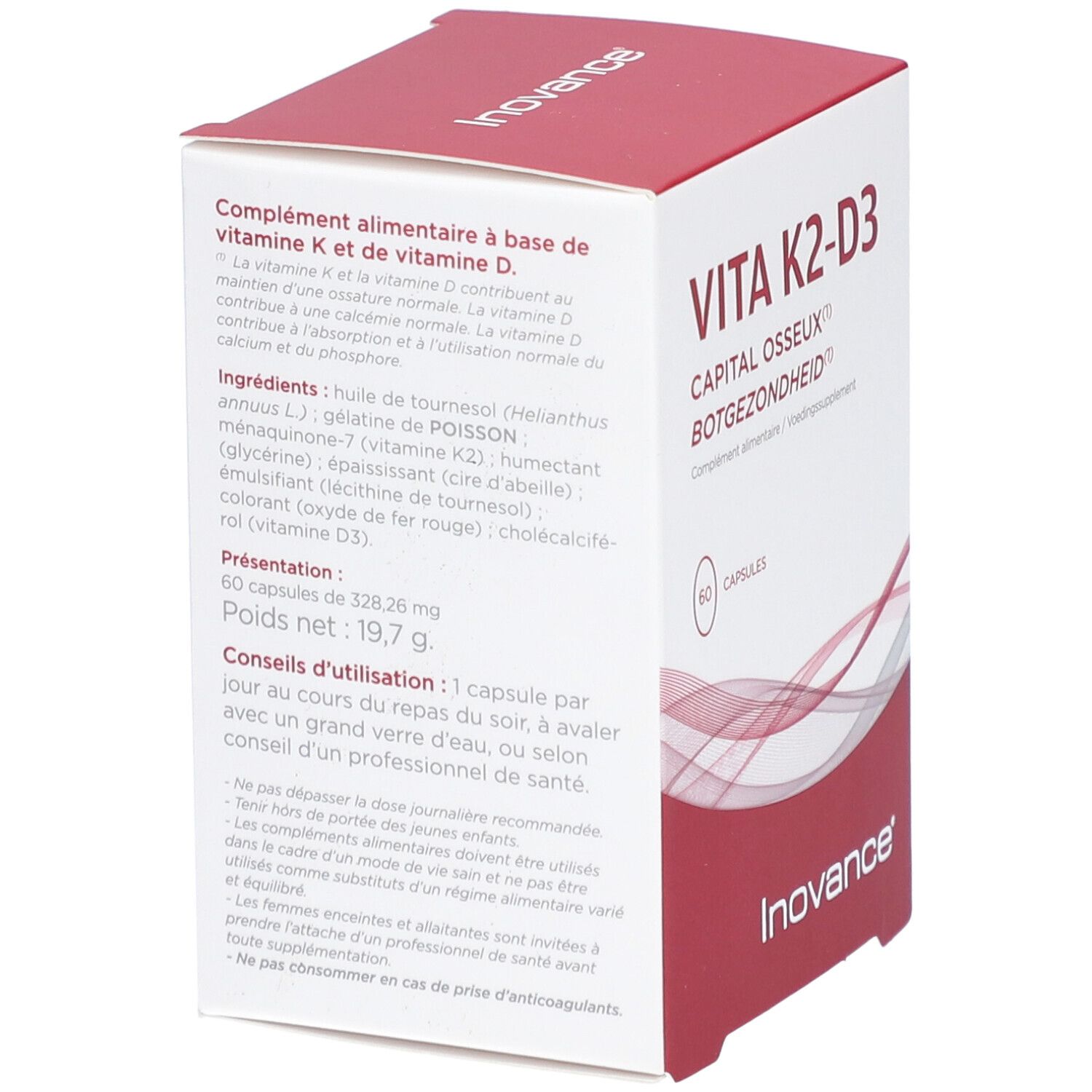 Boîte Inovance Vita K2-D3. Vue latérale avec informations produit, ingrédients et marque.