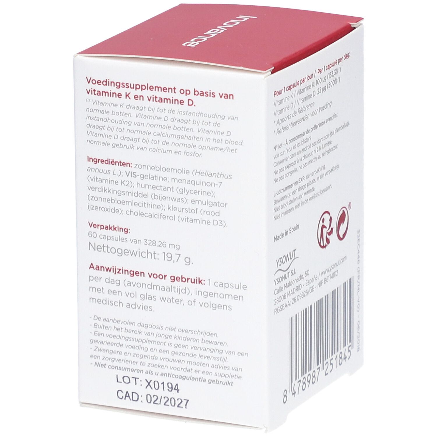 Boîte Inovance Vita K2-D3. Vue latérale avec informations produit et marque.