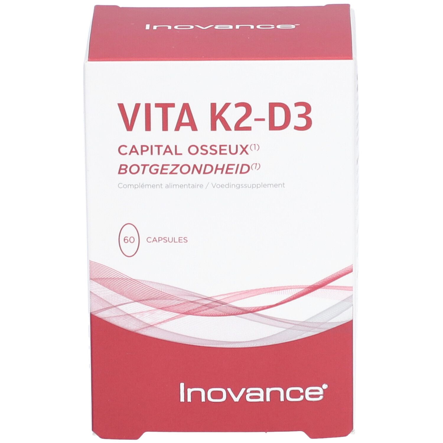 Boîte Inovance Vita K2-D3. Vue de face avec nom du produit, 60 capsules et marque.