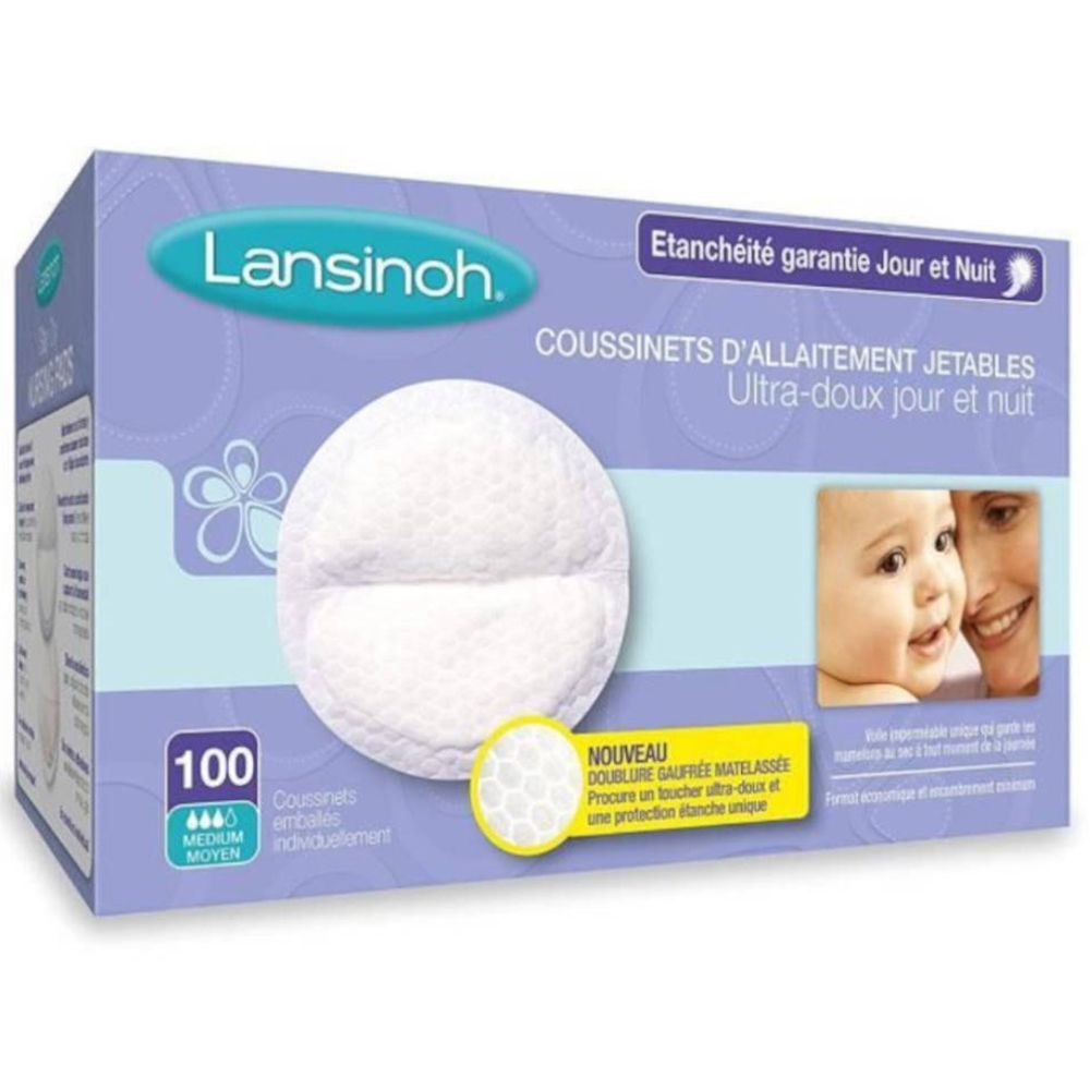 Lansinoh®-Stilleinlagen-Packung. 100 Stück. Runde, weiße Einlagen. Aufdruck: Lansinoh, Etanchéité garantie Jour et Nuit.