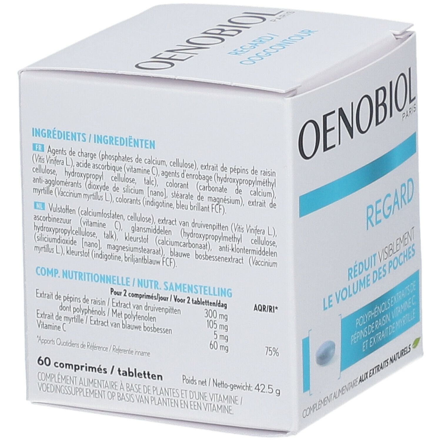OENOBIOL Regard verpakking. Blauwe tablet. Tekst: Vermindert zichtbaar het volume van de wallen. Ingrediënten.