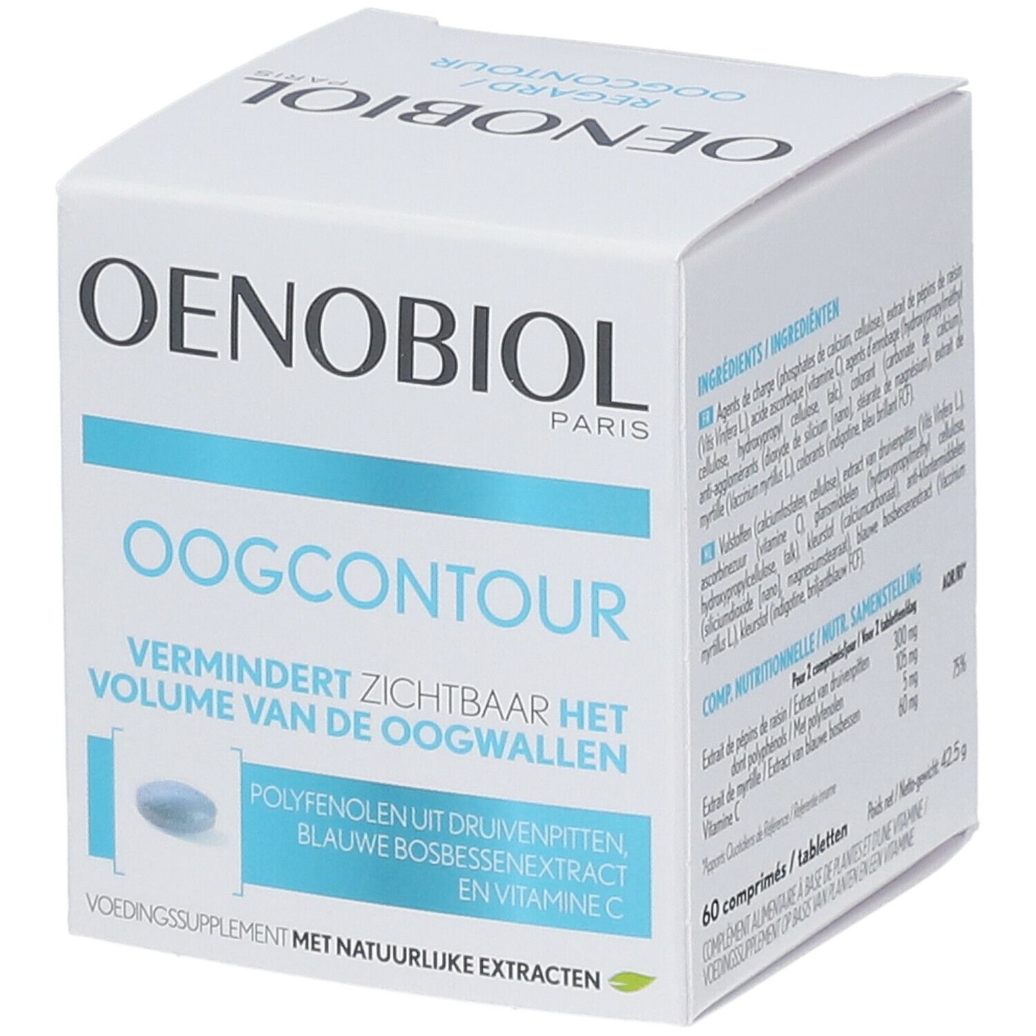OENOBIOL Oogcontour verpakking. Blauwe tablet. Tekst: Vermindert zichtbaar het volume van de wallen.