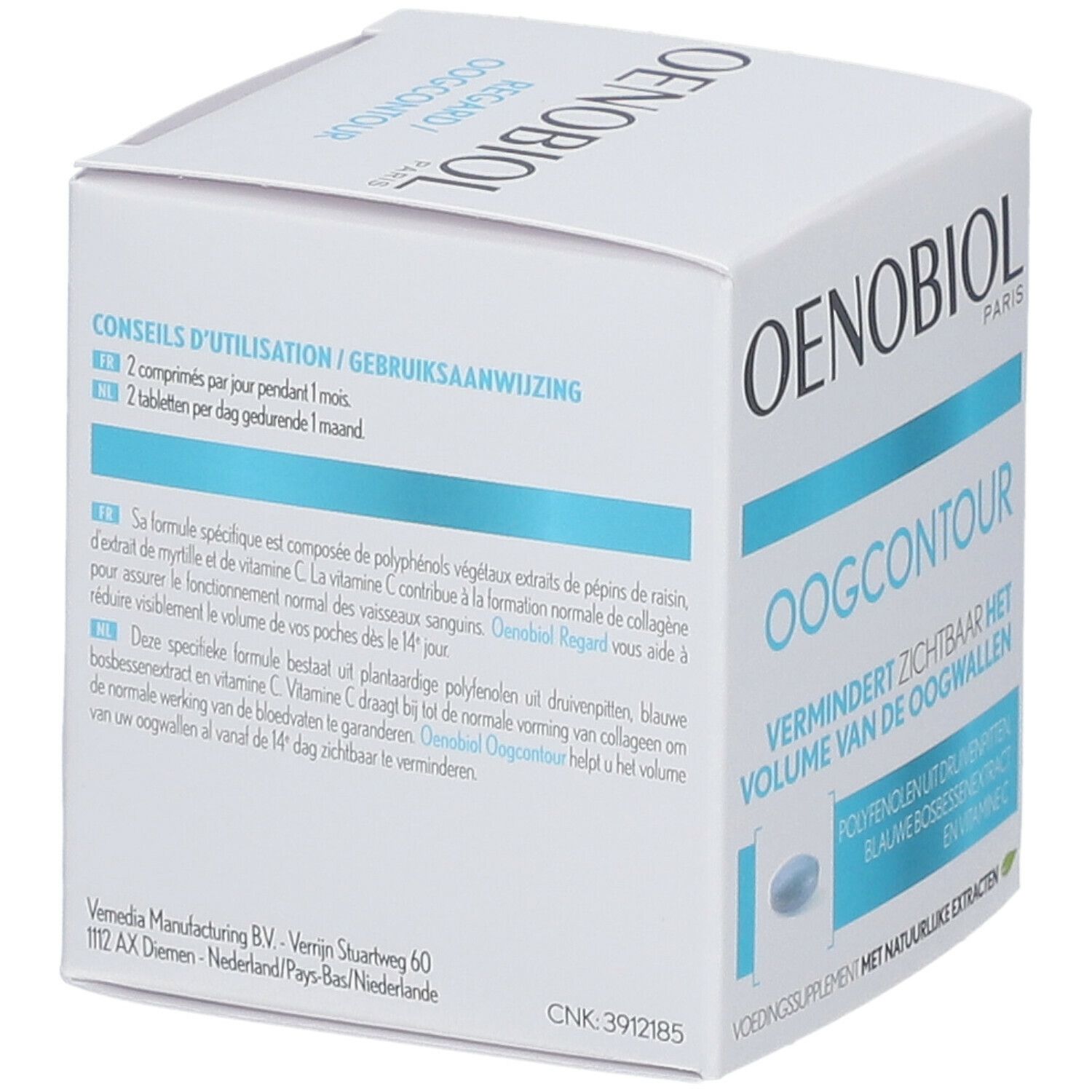 OENOBIOL Oogcontour verpakking. Blauwe tablet. Tekst: Vermindert zichtbaar het volume van de wallen. Gebruiksaanwijzing.