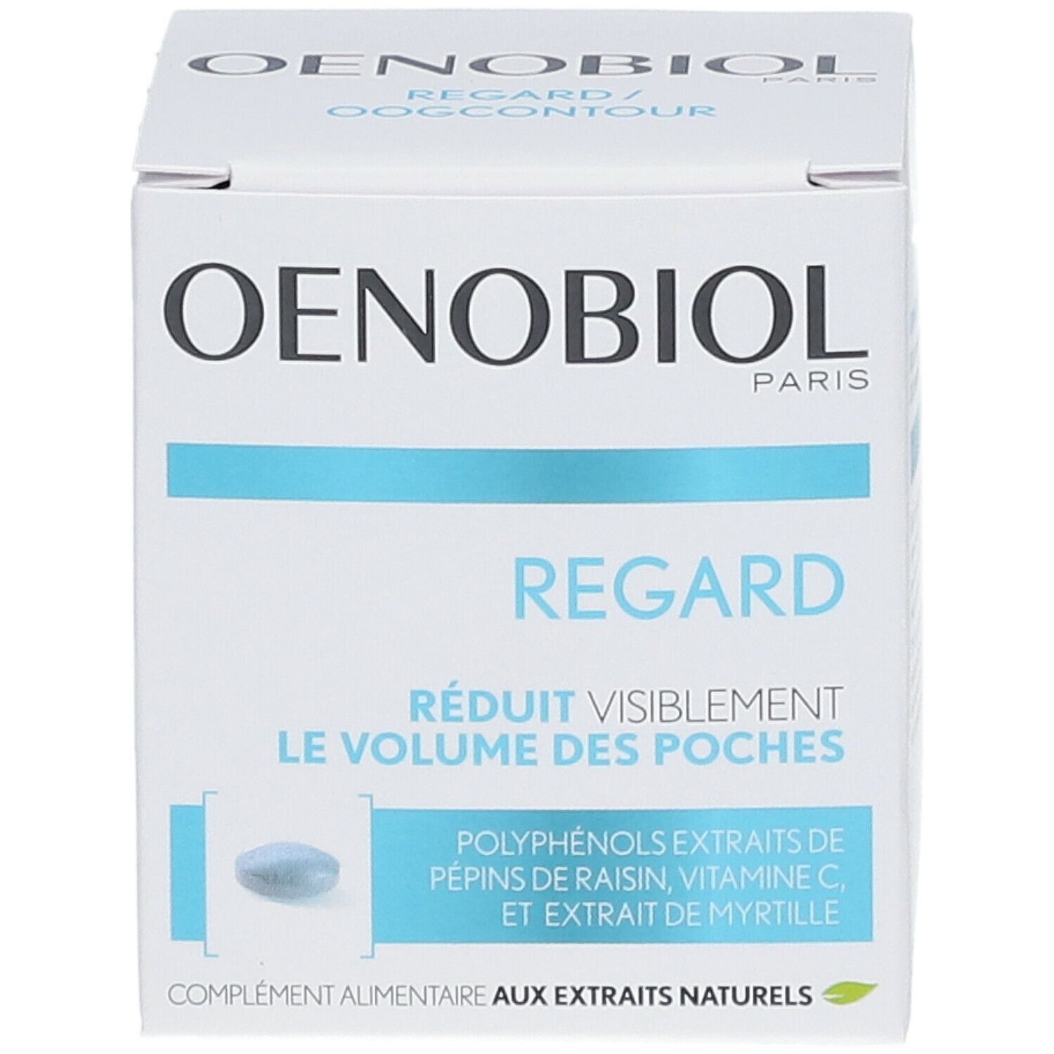 OENOBIOL Regard verpakking. Blauwe tablet. Tekst: Vermindert zichtbaar het volume van de wallen.