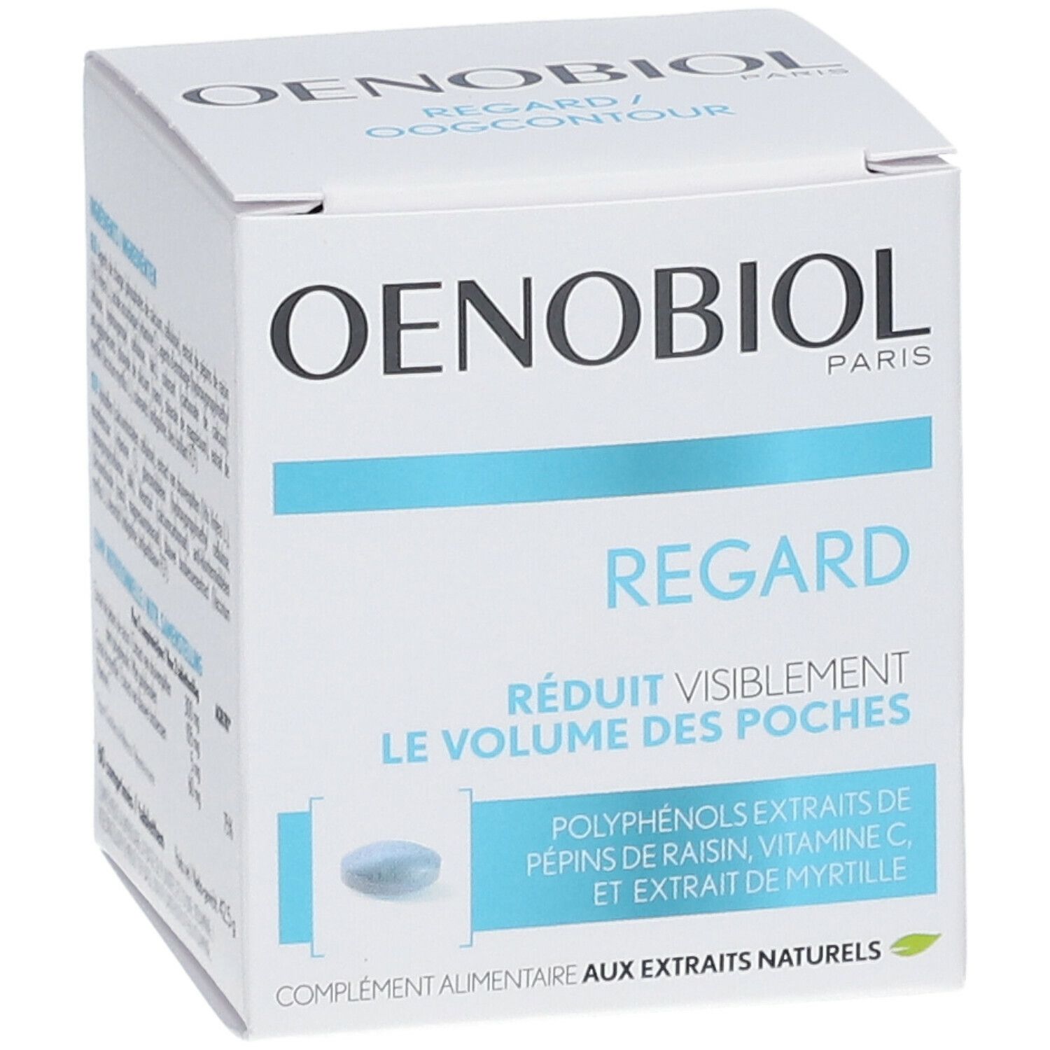 OENOBIOL Regard verpakking. Blauwe tablet. Tekst: Vermindert zichtbaar het volume van de wallen.