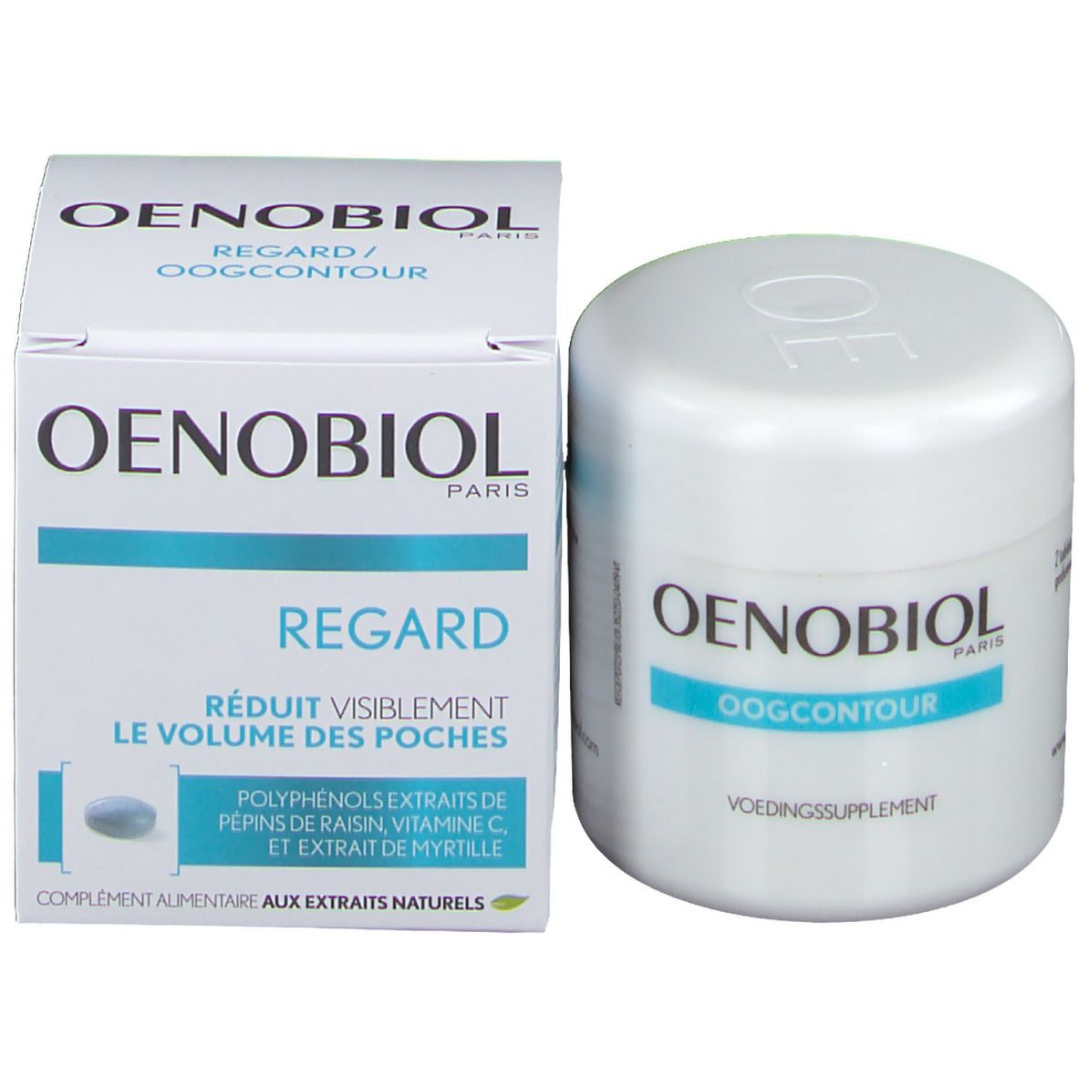 OENOBIOL Regard verpakking en pot. Tekst: Vermindert zichtbaar het volume van de wallen.