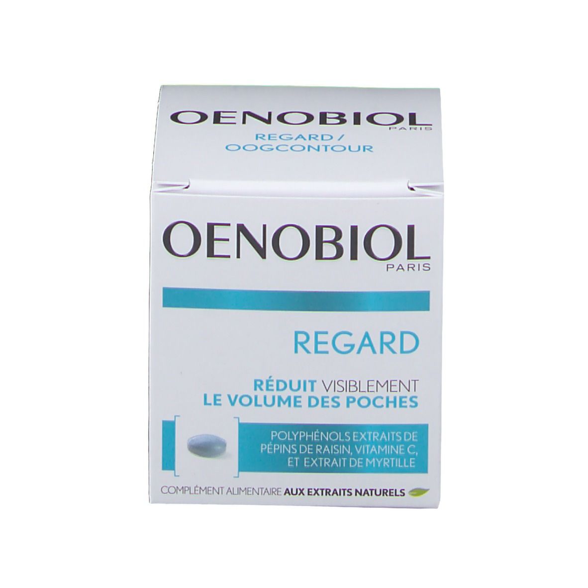OENOBIOL Regard verpakking. Blauwe tablet. Tekst: Vermindert zichtbaar het volume van de wallen.