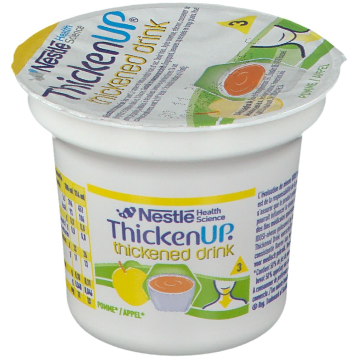 Gobelet avec couvercle. Inscription: Nestlé Health Science, ThickenUP thickened drink. Illustration: pomme et boisson épaissie. Couvercle avec graphique.