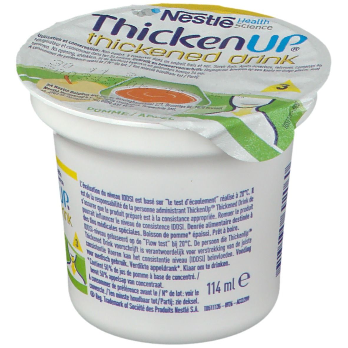 Gobelet avec couvercle. Inscription: Nestlé Health Science, ThickenUP thickened drink. Texte en français. Volume: 114 ml.