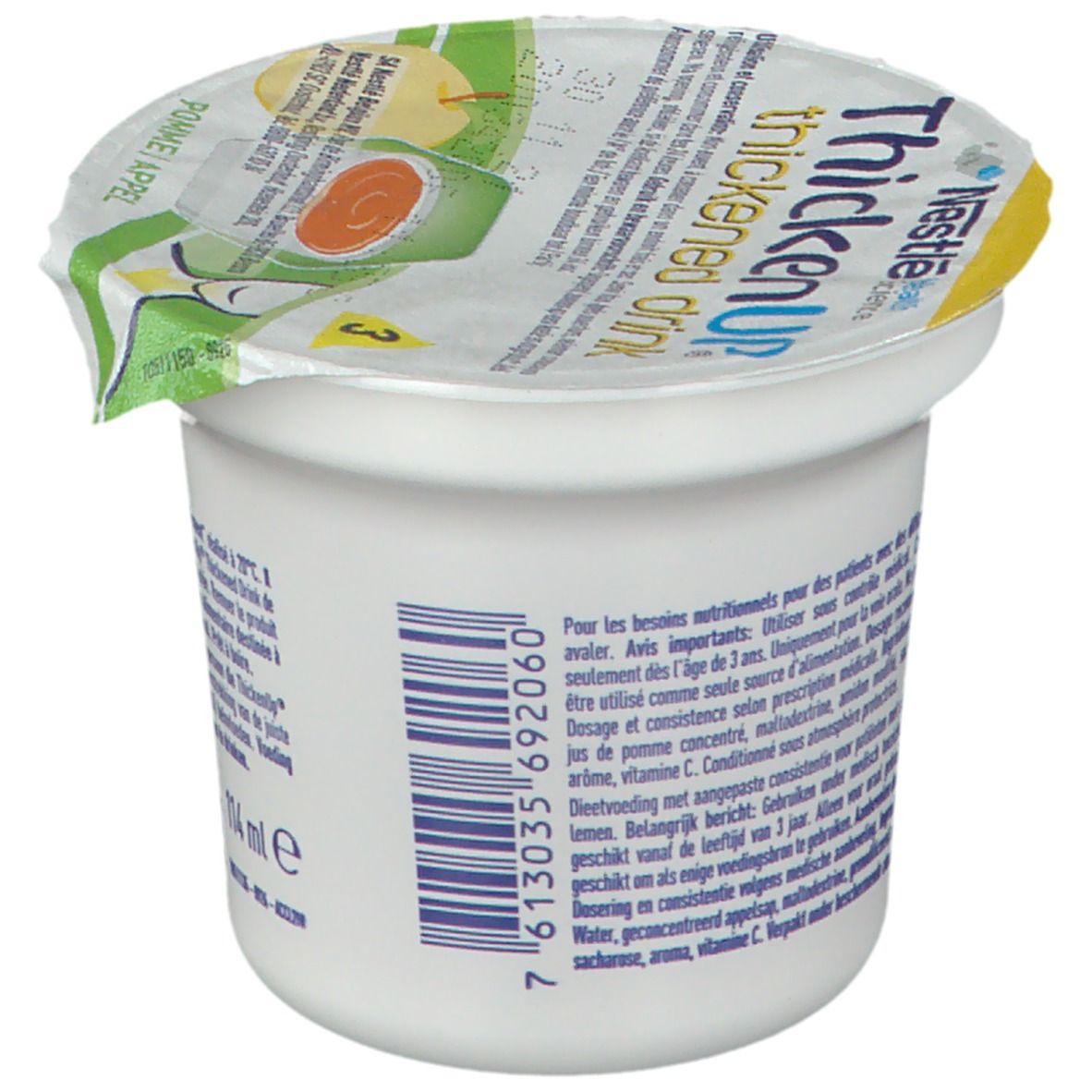 Gobelet avec couvercle. Inscription: Nestlé Health Science, ThickenUP thickened drink. Code-barres et texte au dos.