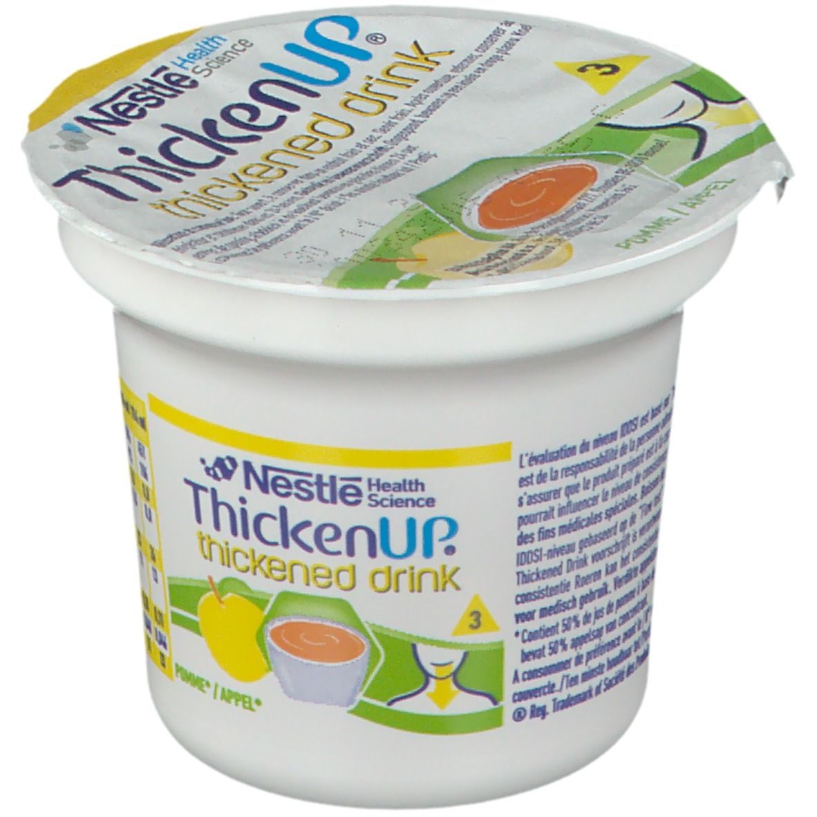 Gobelet avec couvercle. Inscription: Nestlé Health Science, ThickenUP thickened drink. Illustration: pomme et boisson épaissie. Couvercle avec graphique.