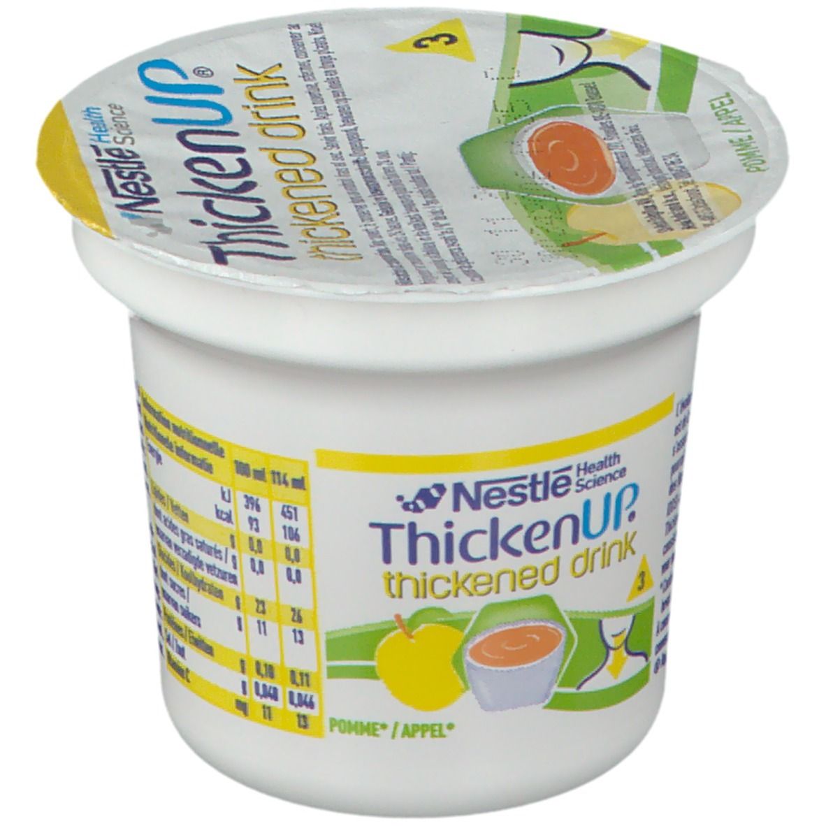 Gobelet avec couvercle. Inscription: Nestlé Health Science, ThickenUP thickened drink. Illustration: pomme et boisson épaissie. Informations nutritionnelles.