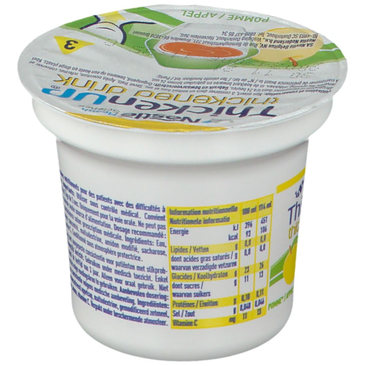 Gobelet avec couvercle. Inscription: Nestlé Health Science, ThickenUP thickened drink. Informations nutritionnelles et texte au dos.