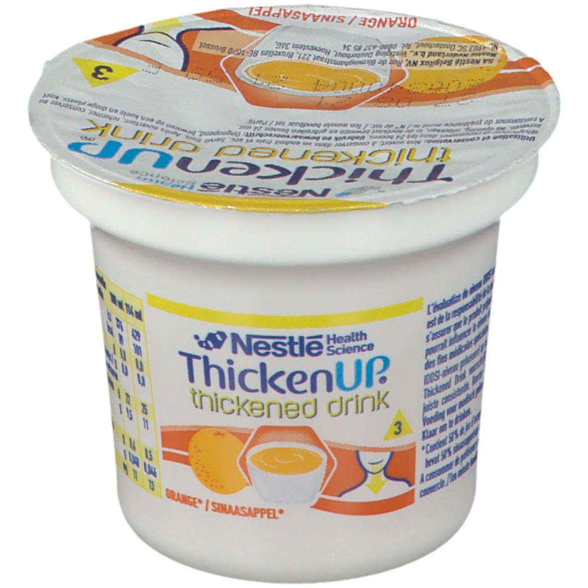 Gobelet de boisson épaissie ThickenUp, Orange. Couvercle avec illustration. Orange et bol de boisson représentés. Nestle Health Science.