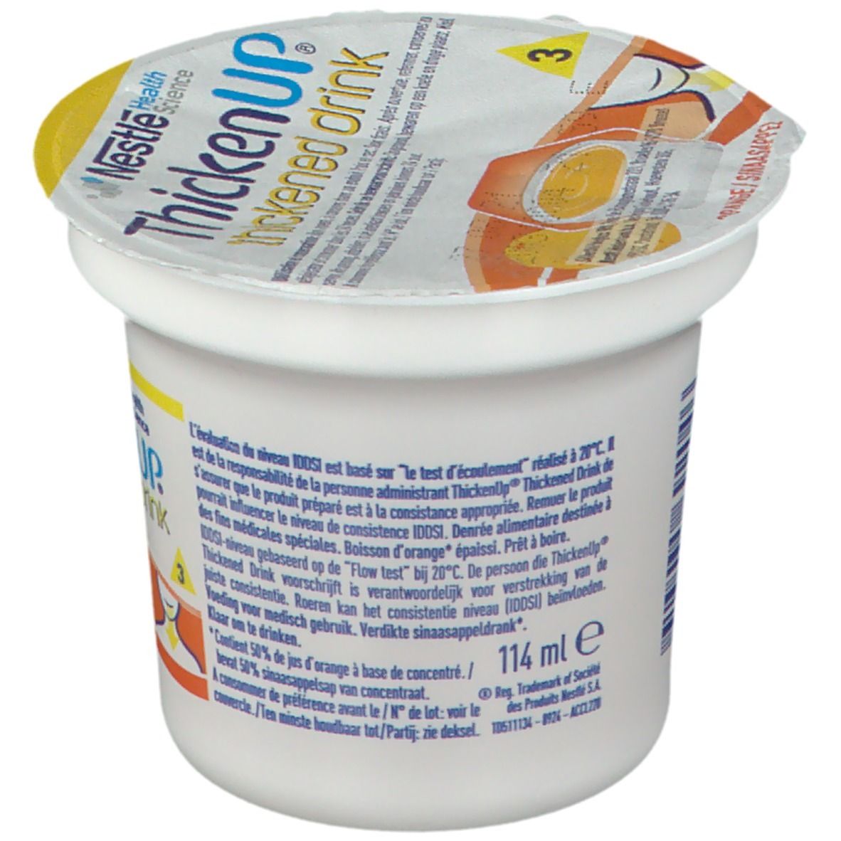 Gobelet ThickenUp, boisson épaissie, Orange. Dos avec texte. 114 ml. Nestle Health Science. Informations sur la consistance.