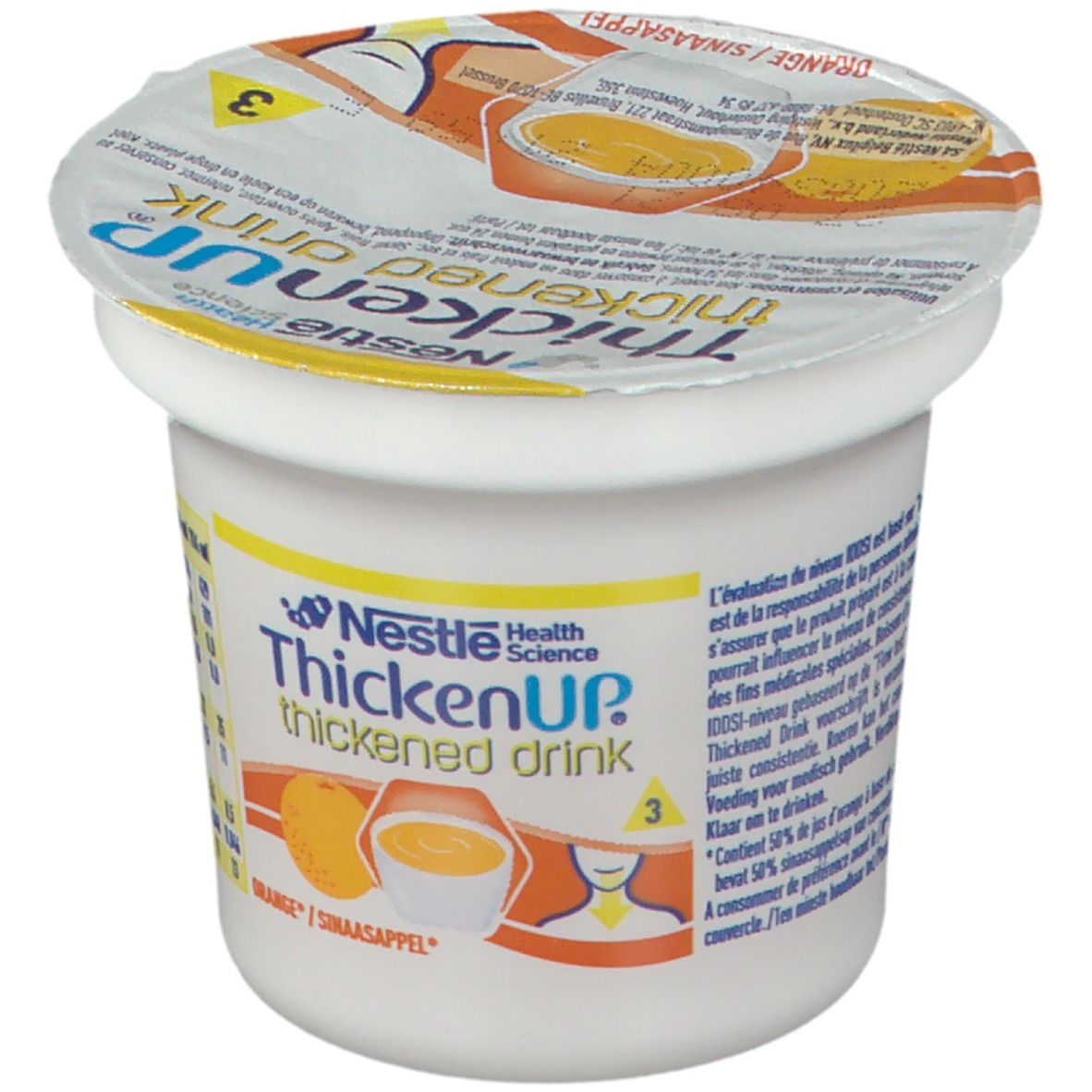 Gobelet ThickenUp, boisson épaissie, Orange. Couvercle avec illustration. Orange et bol de boisson représentés. Nestle Health Science.