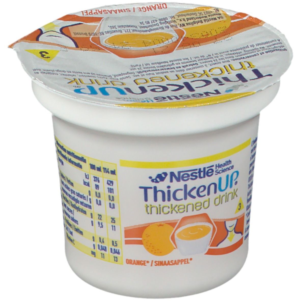 Gobelet ThickenUp, boisson épaissie, Orange. Couvercle avec illustration. Informations nutritionnelles. Nestle Health Science. 114 ml.