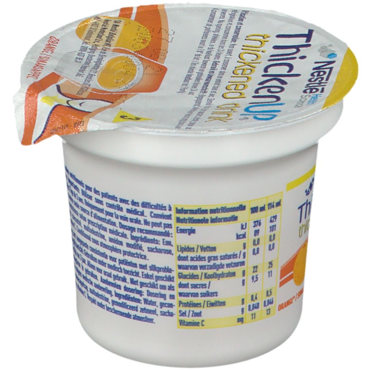 Gobelet ThickenUp, boisson épaissie, Orange. Informations nutritionnelles. Nestle Health Science. 114 ml. Vitamine C.