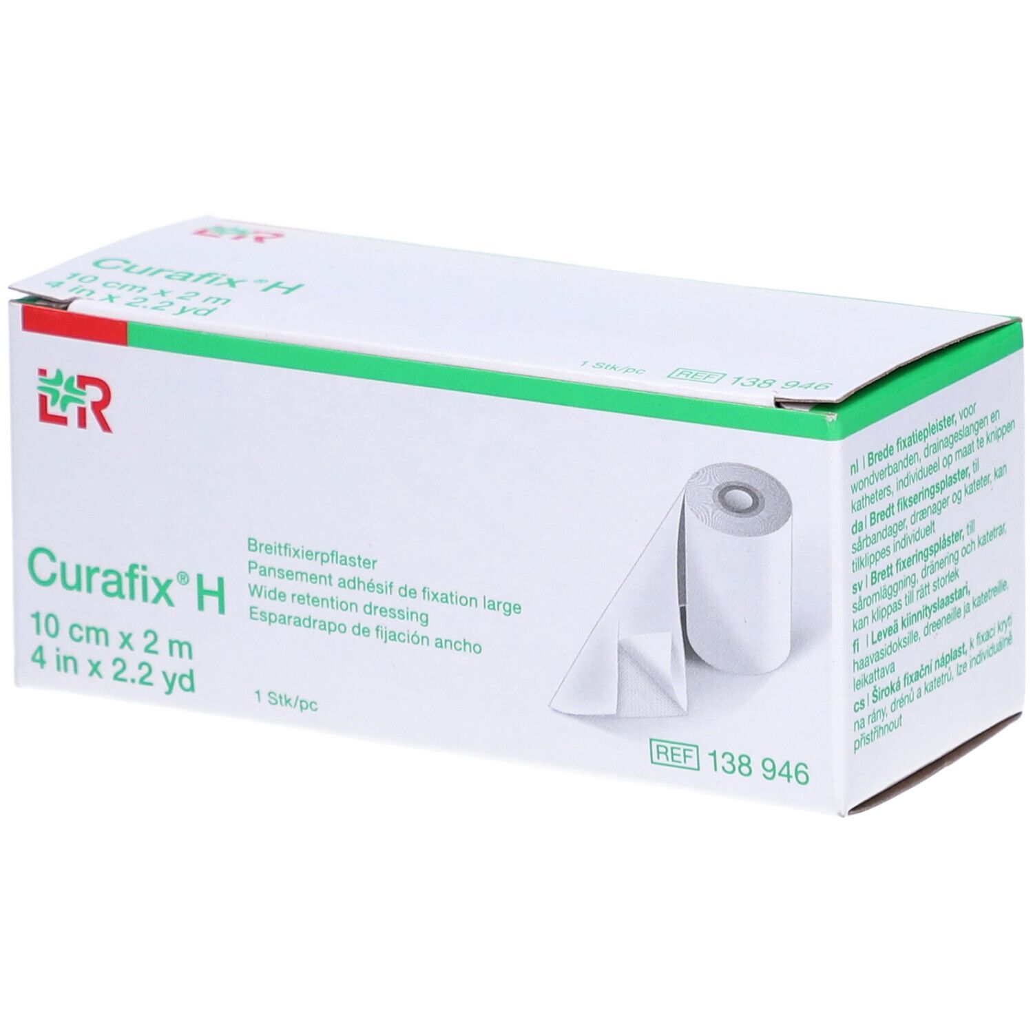 Verpakking van Curafix H. Brede fixatiepleister. Rol en verpakking met productinformatie.