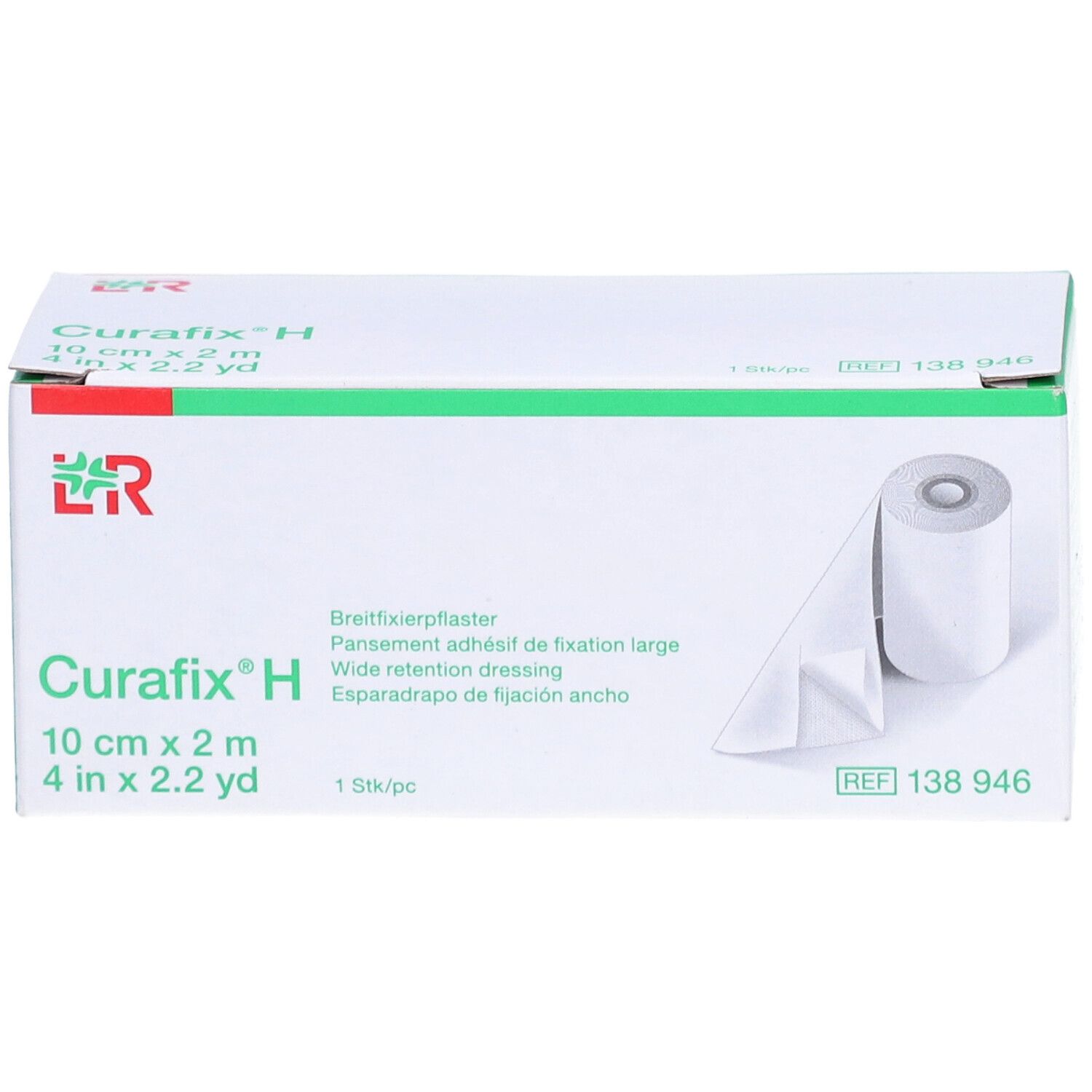 Verpakking van Curafix H. Brede fixatiepleister. Rol en verpakking met productinformatie.