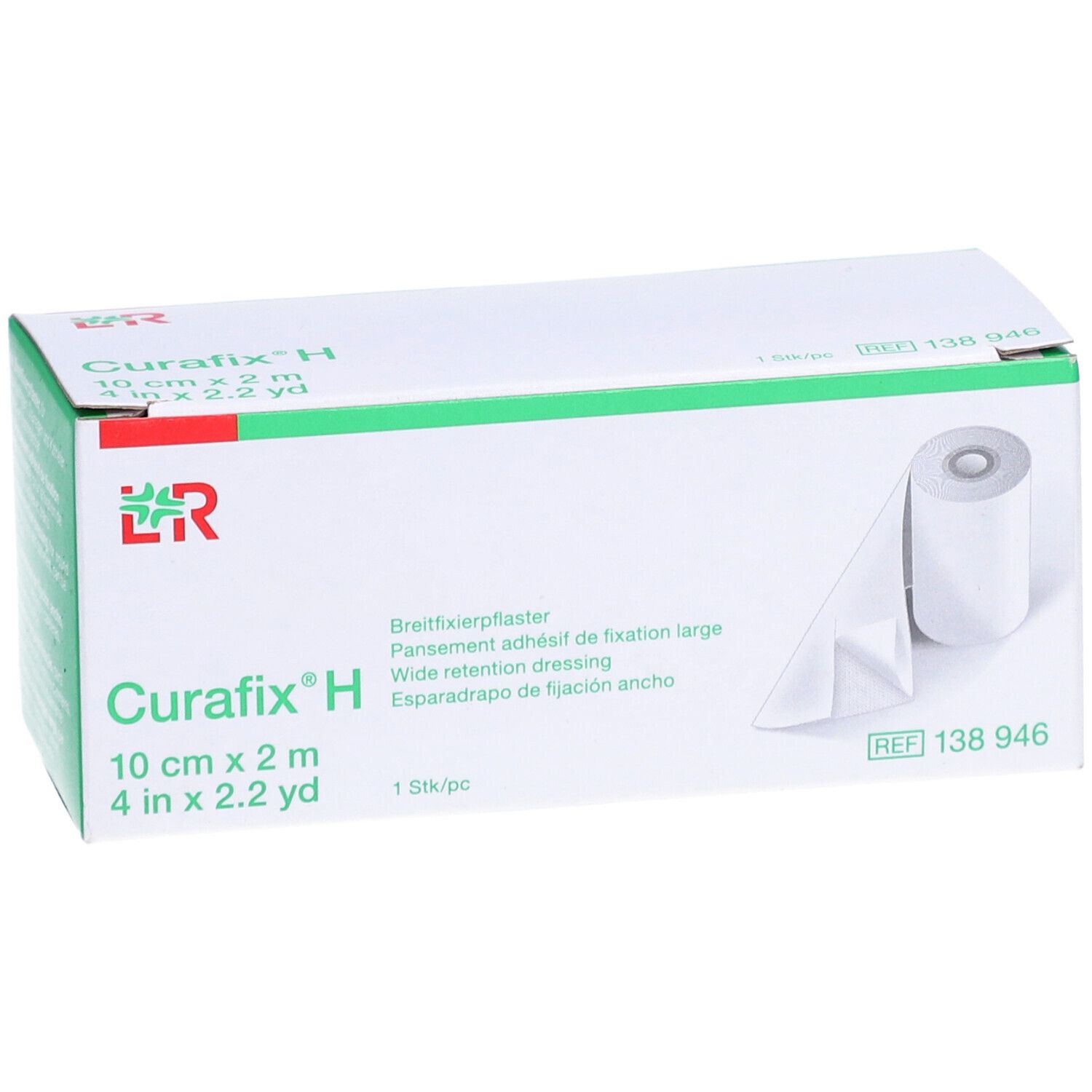 Verpakking van Curafix H. Brede fixatiepleister. Rol en verpakking met productinformatie.